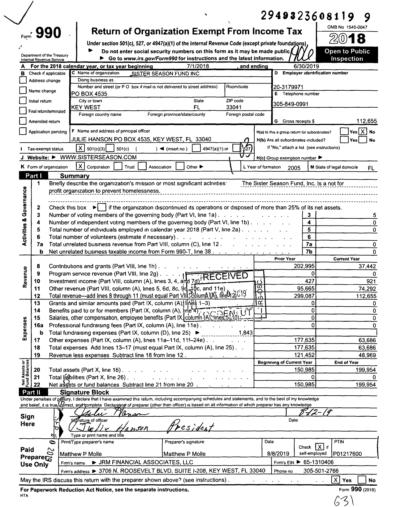 Image of first page of 2018 Form 990 for Sister Season Fund