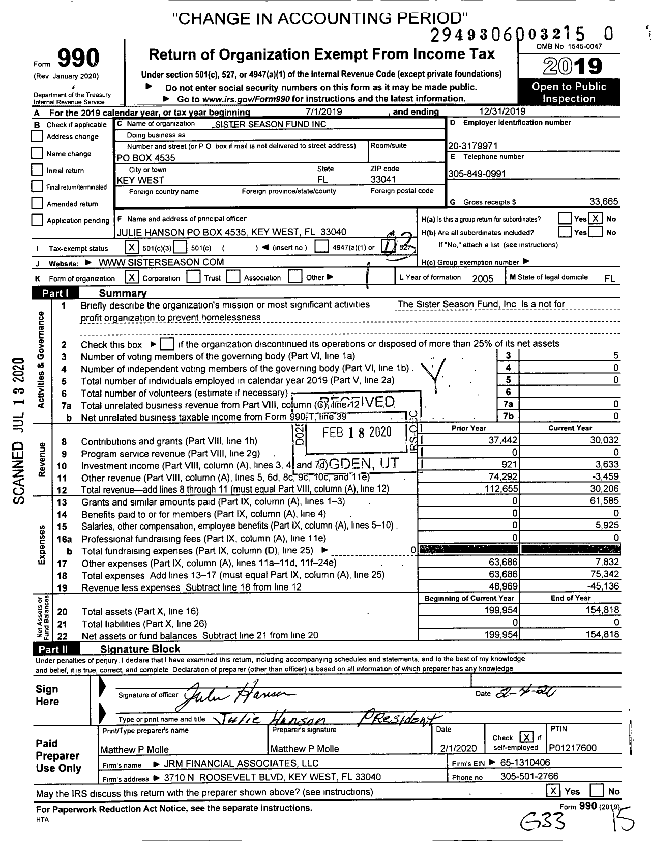 Image of first page of 2019 Form 990 for Sister Season Fund