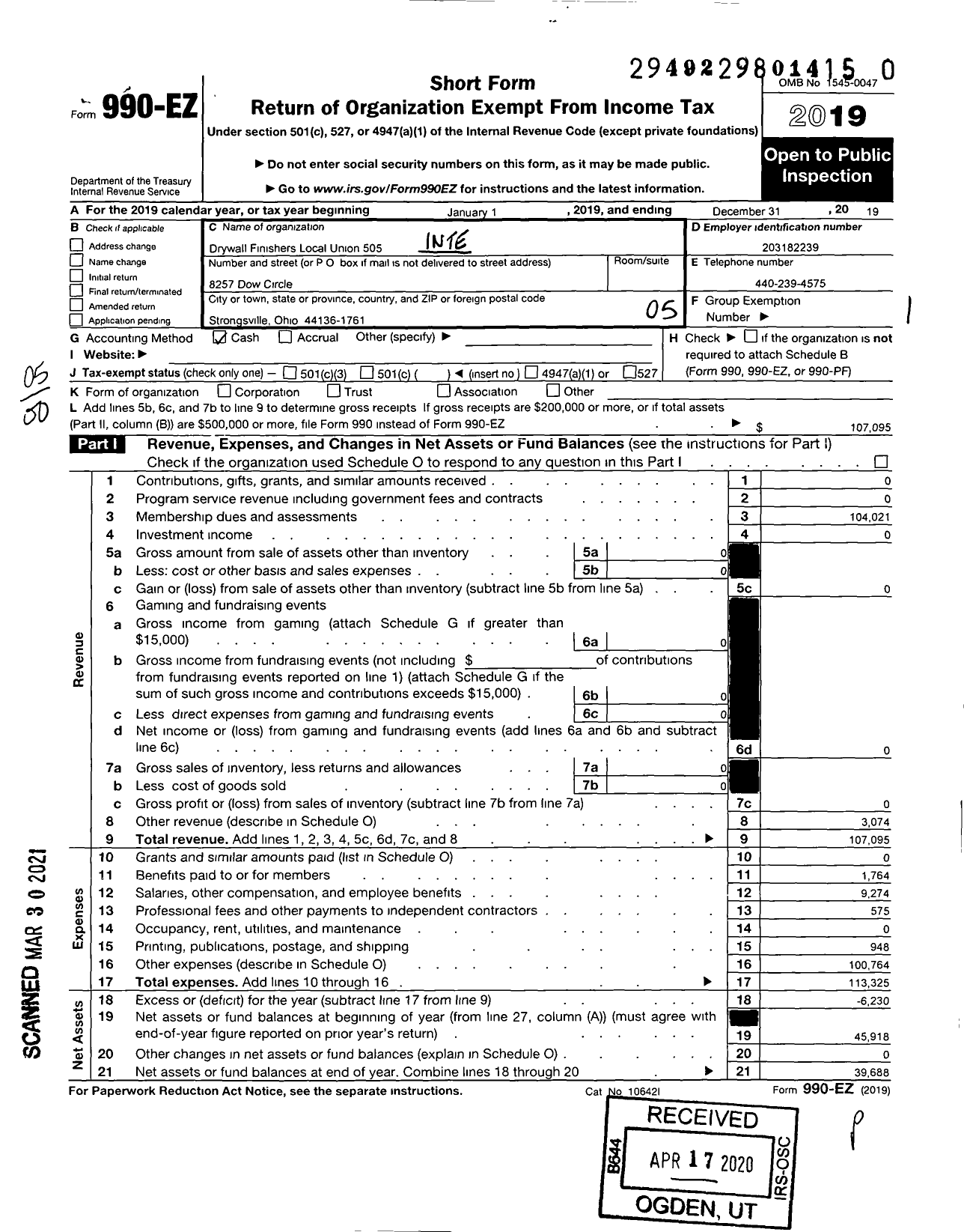 Image of first page of 2019 Form 990EO for International Union of Painters and Allied Trades - 505 Drywall Finishers Local Union