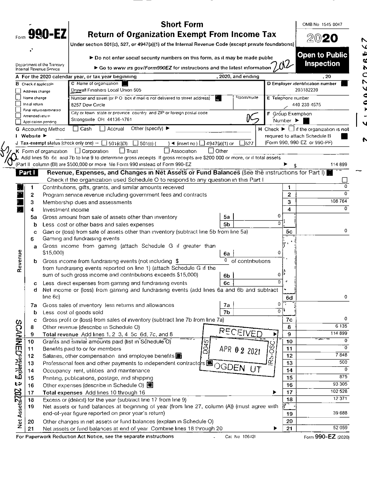 Image of first page of 2020 Form 990EO for International Union of Painters and Allied Trades - 505 Drywall Finishers Local Union