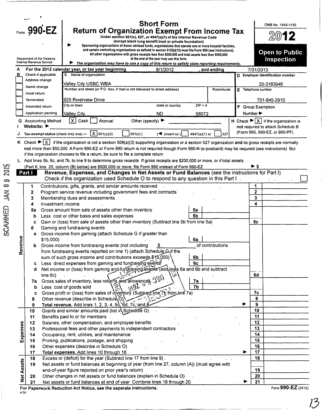 Image of first page of 2012 Form 990EZ for United States Bowling Congress - 86740 Valley City Usbc