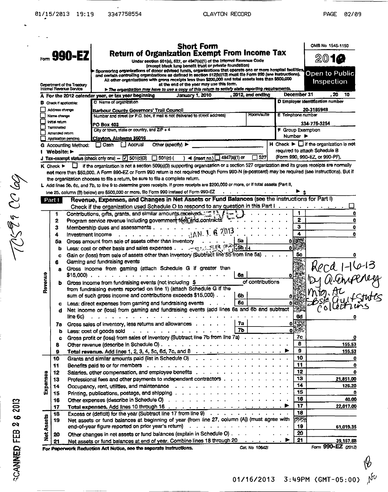 Image of first page of 2010 Form 990EZ for Barbour County Governors Trail Council