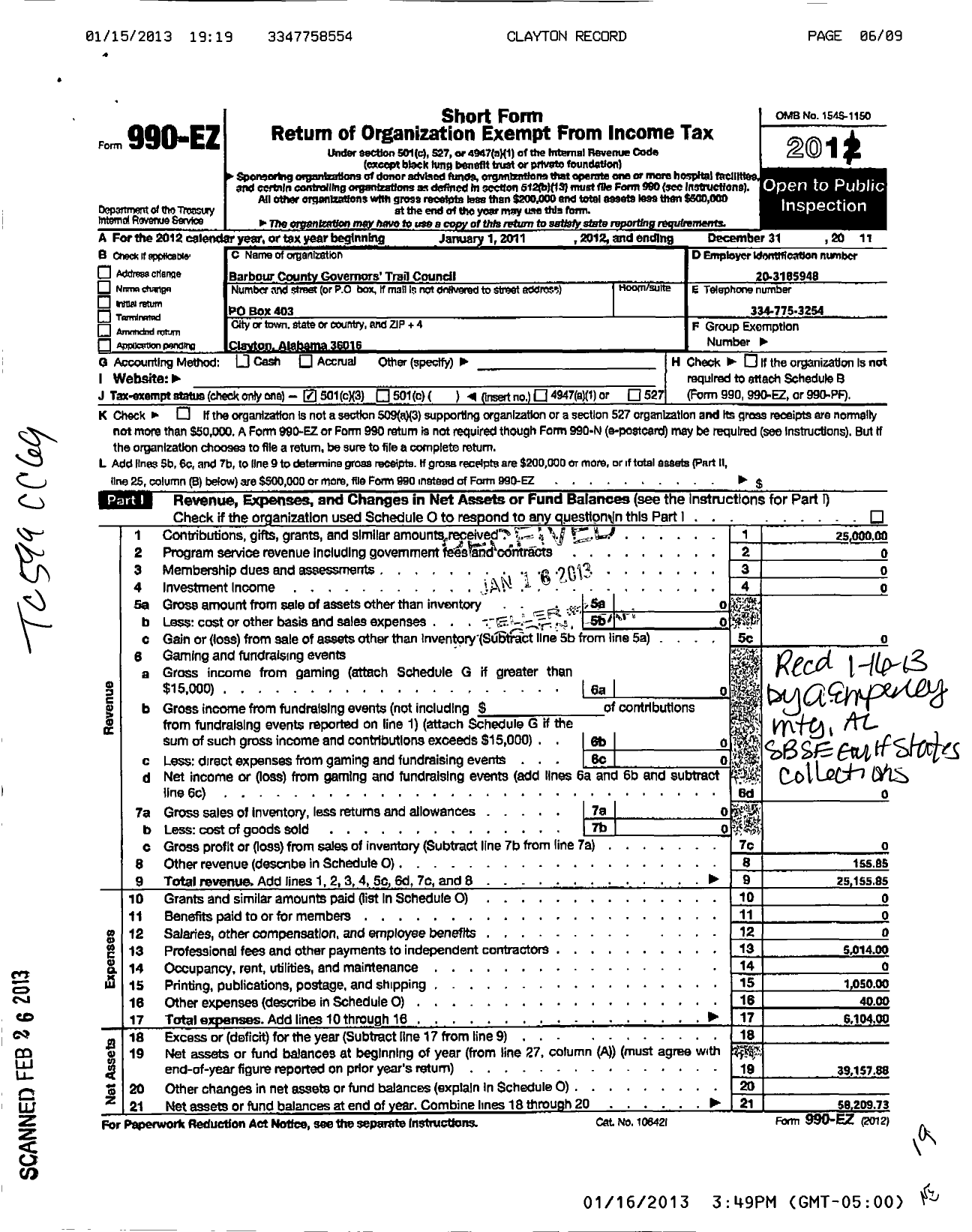 Image of first page of 2011 Form 990EZ for Barbour County Governors Trail Council