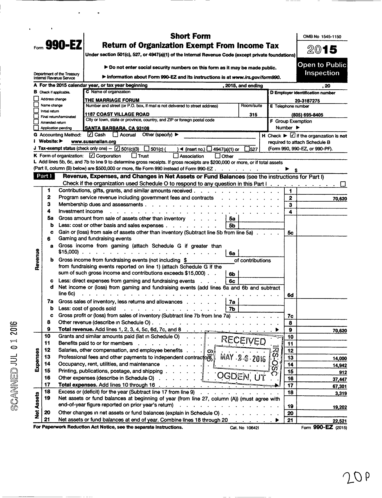 Image of first page of 2015 Form 990EZ for The Marriage Forum