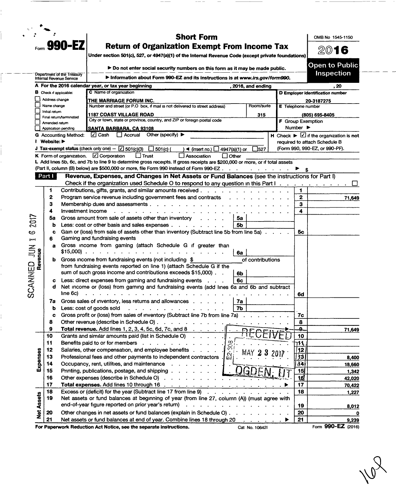 Image of first page of 2016 Form 990EZ for The Marriage Forum