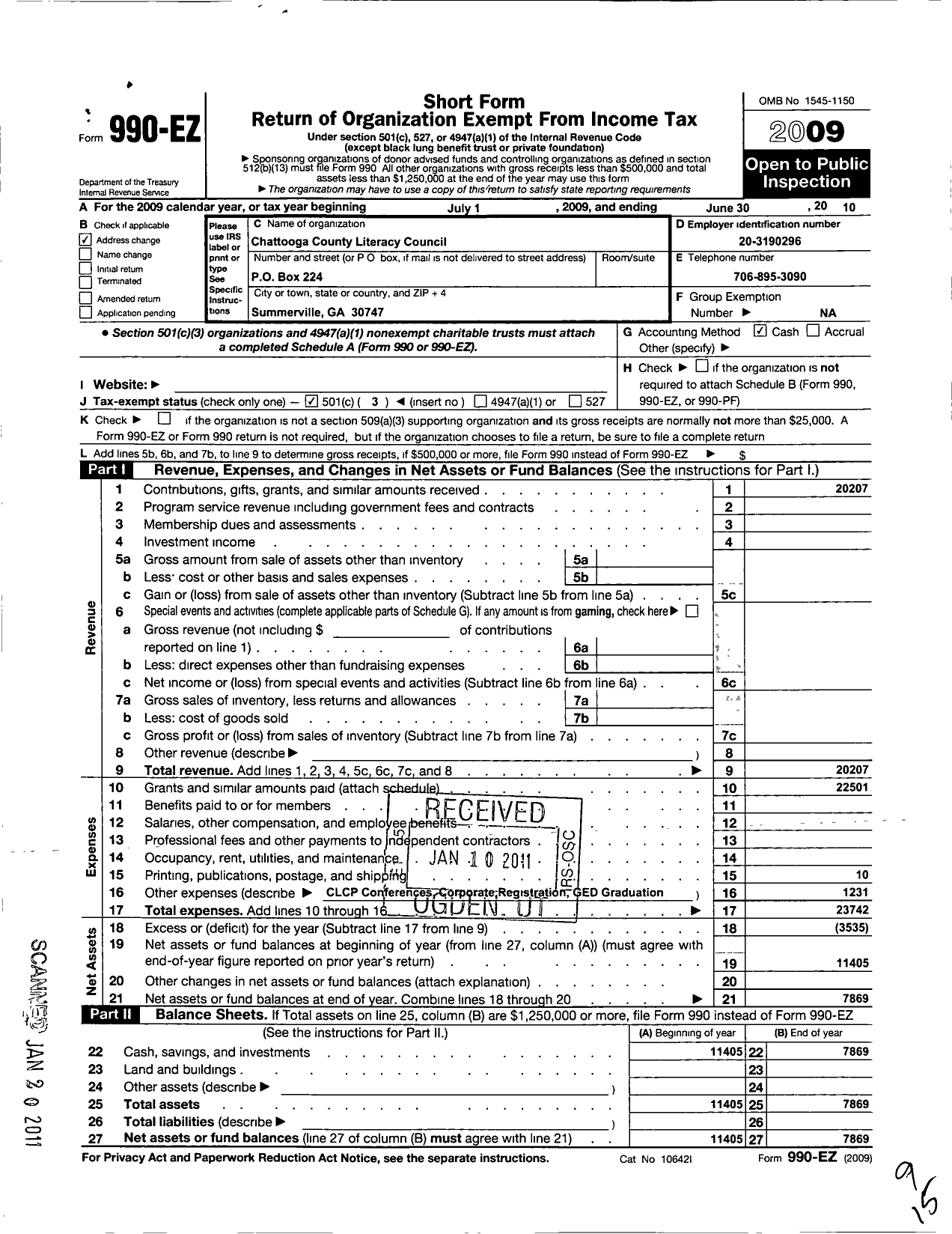 Image of first page of 2009 Form 990EZ for Chattooga County Literacy Council