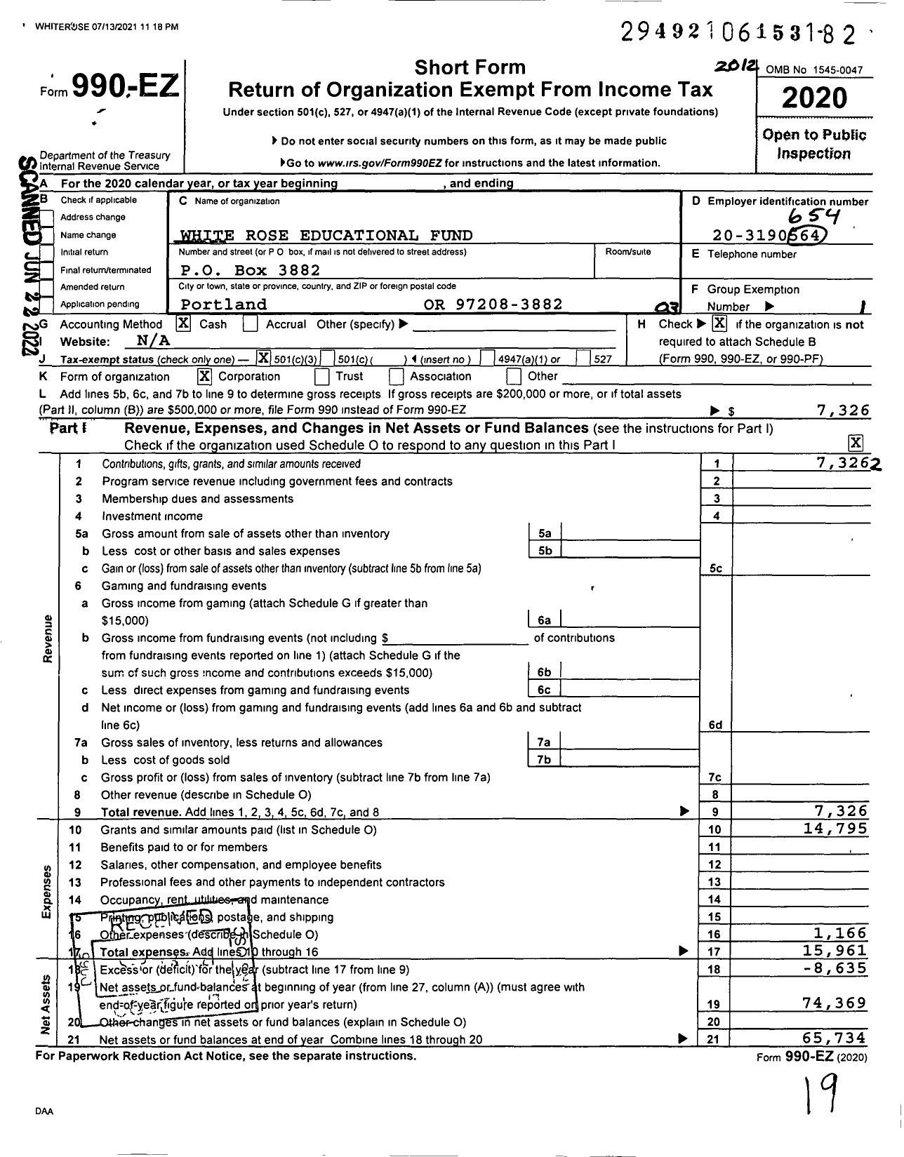 Image of first page of 2020 Form 990EZ for White Rose Educational Fund