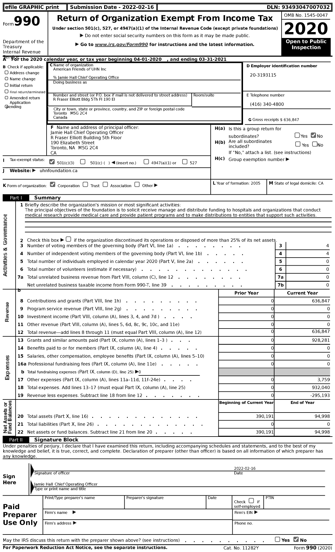 Image of first page of 2020 Form 990 for American Friends of UHN