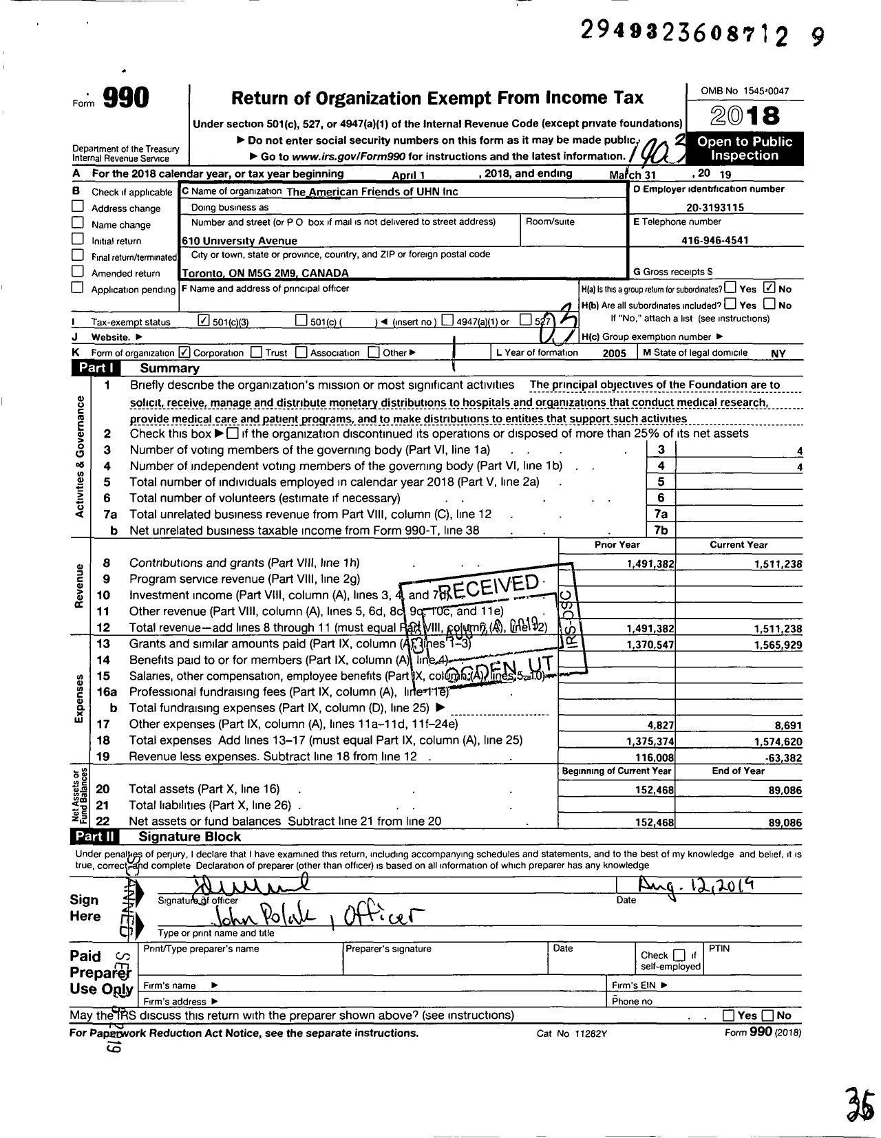 Image of first page of 2018 Form 990 for American Friends of UHN