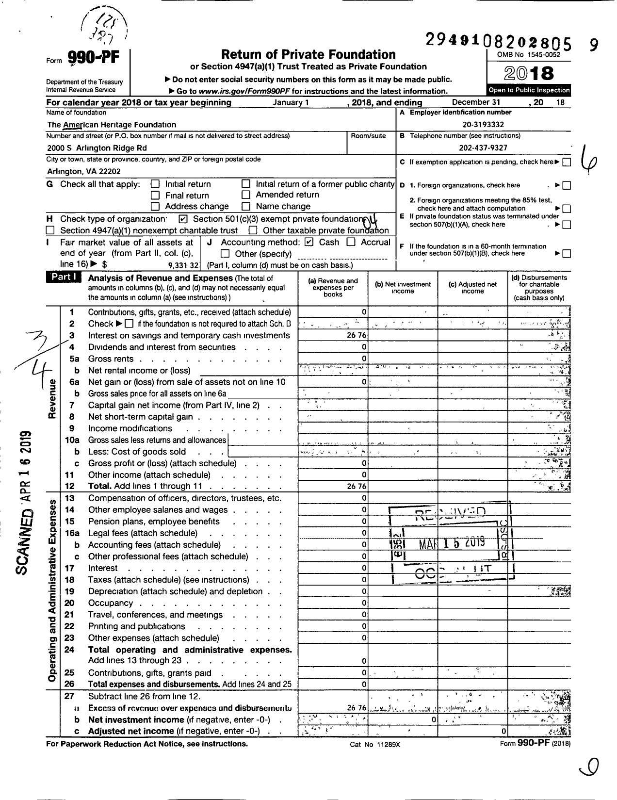 Image of first page of 2018 Form 990PF for The American Heritage Foundation