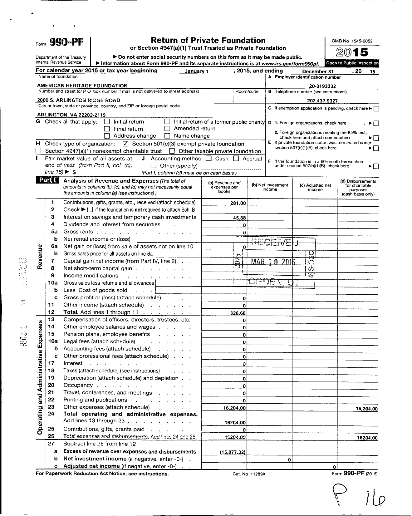 Image of first page of 2015 Form 990PF for The American Heritage Foundation