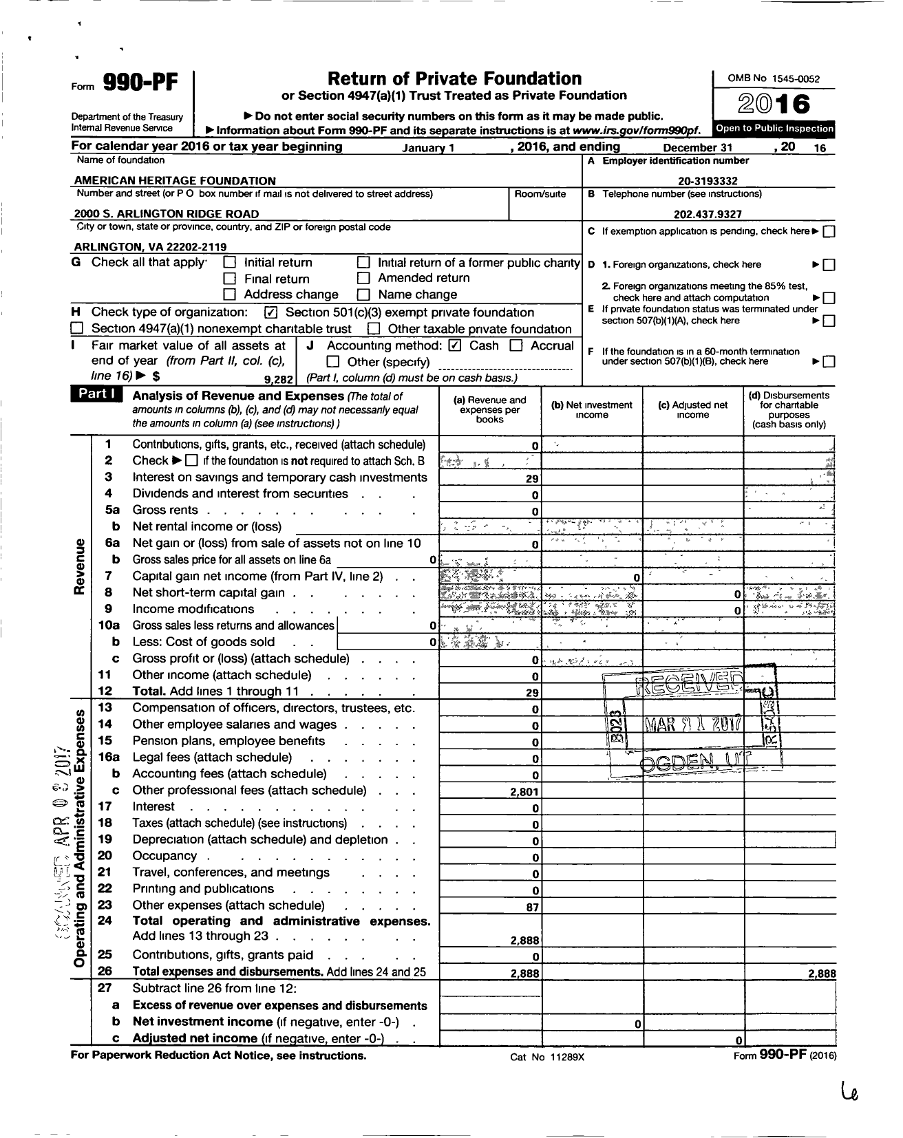 Image of first page of 2016 Form 990PF for The American Heritage Foundation