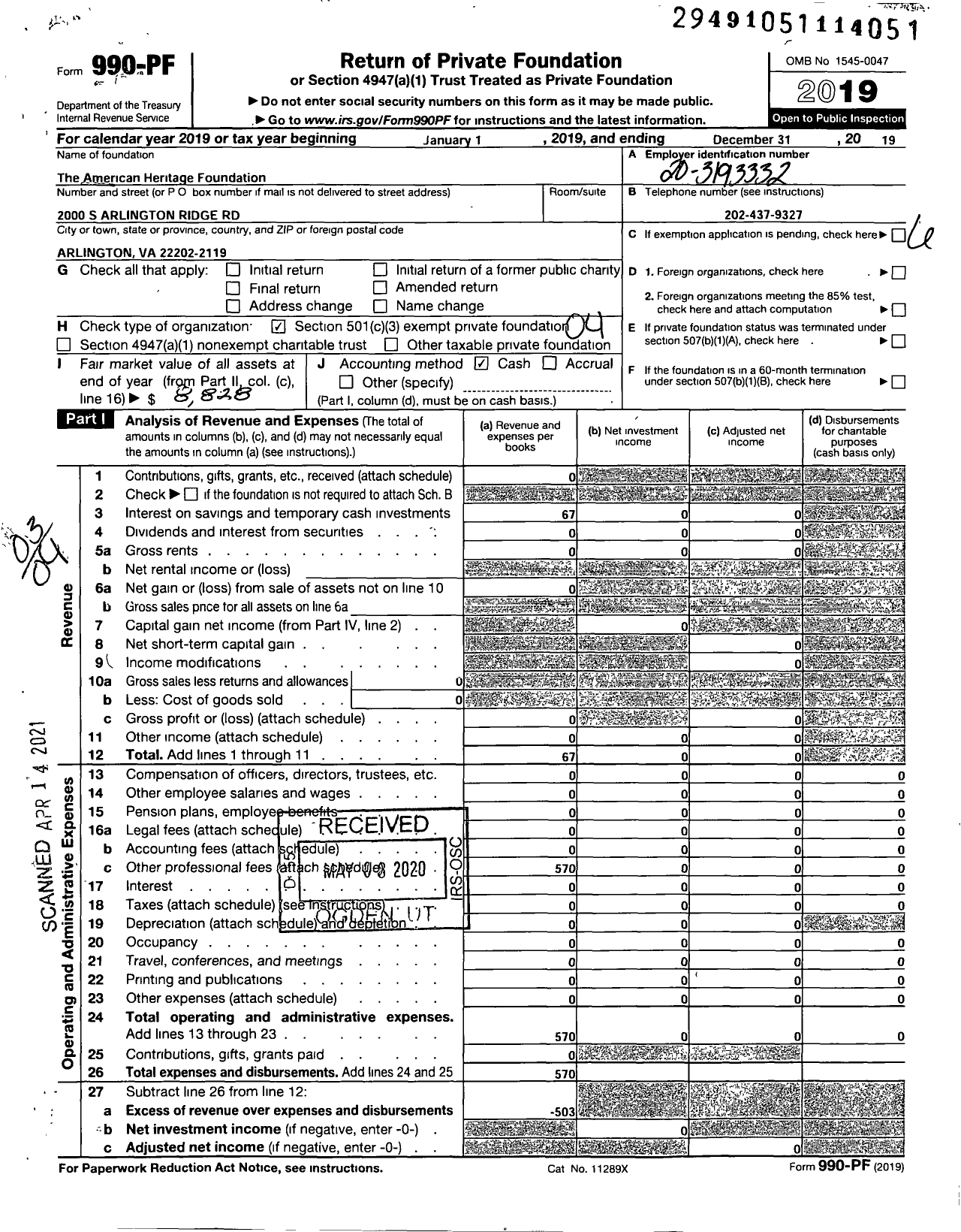 Image of first page of 2019 Form 990PF for The American Heritage Foundation