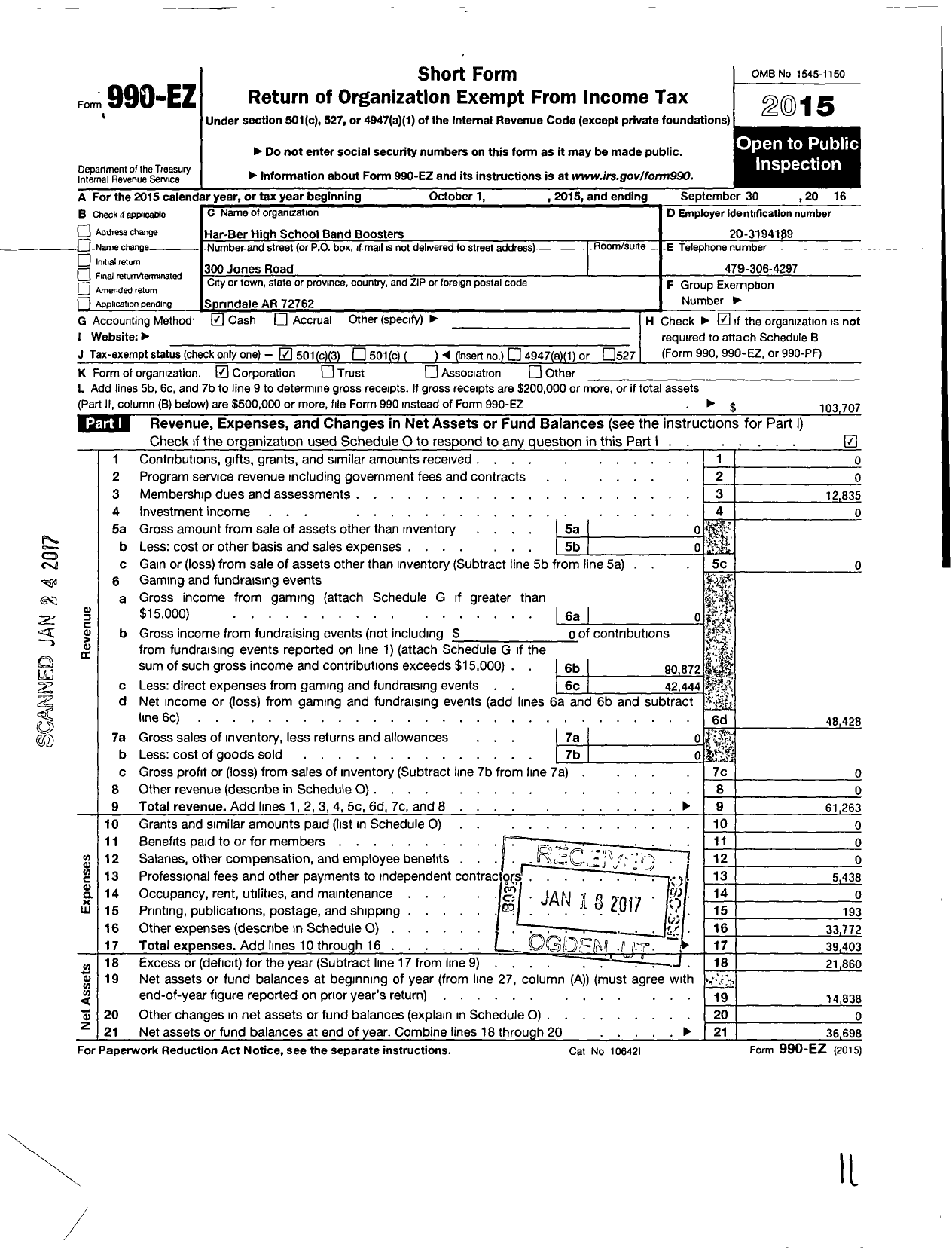 Image of first page of 2015 Form 990EZ for Har-Ber High School Band Boosters