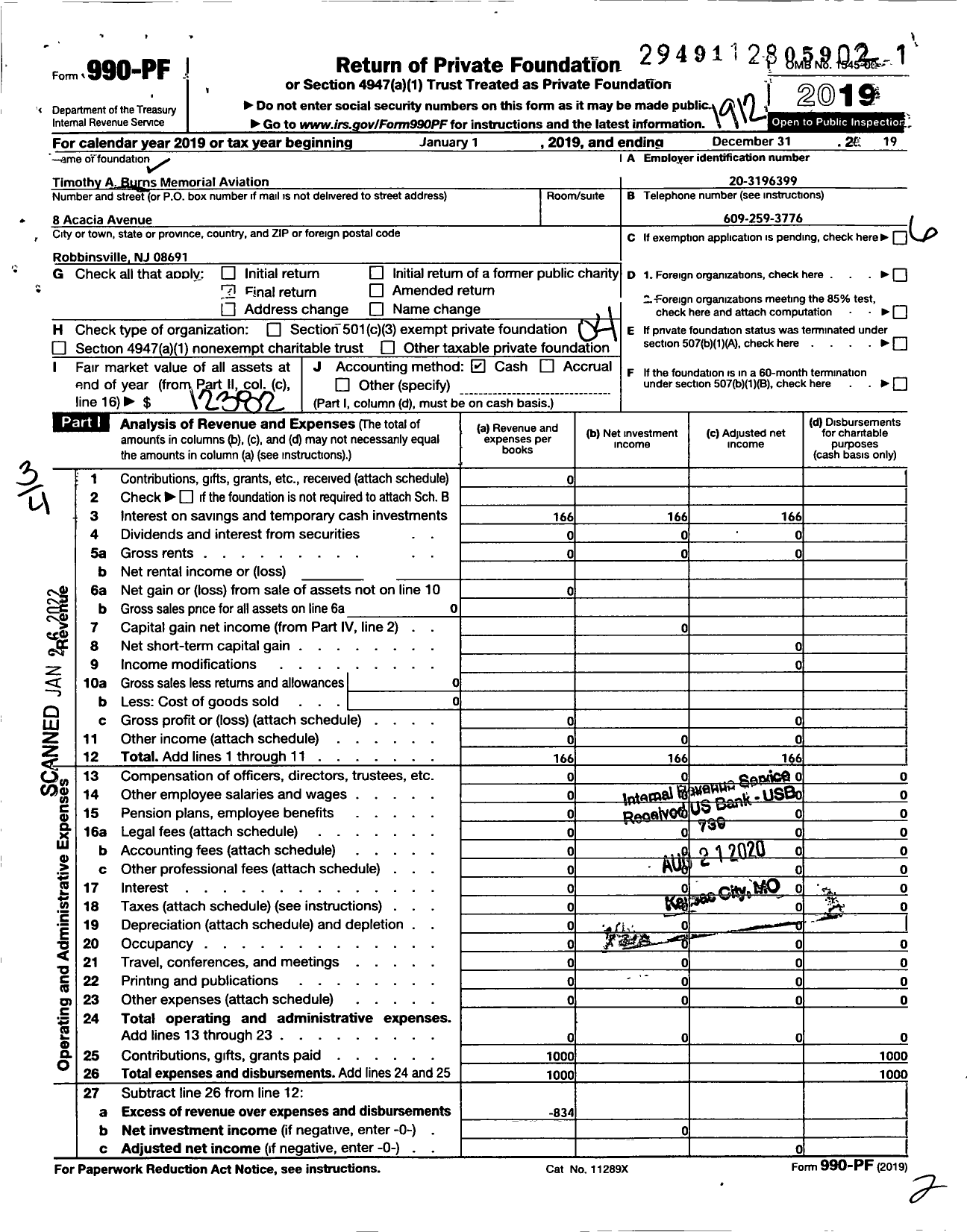 Image of first page of 2019 Form 990PF for Timothy A Burns Memorial Aviation Scholarship Fund