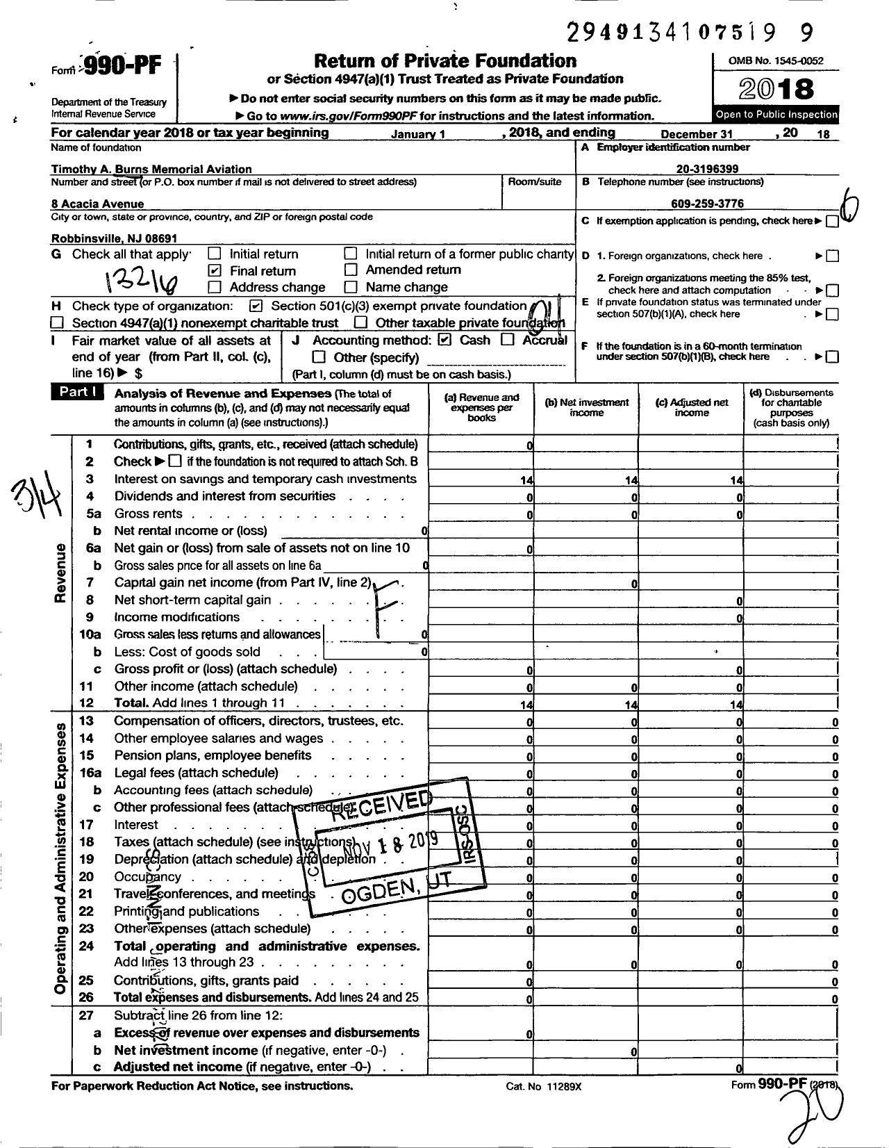 Image of first page of 2018 Form 990PF for Timothy A Burns Memorial Aviation Scholarship Fund