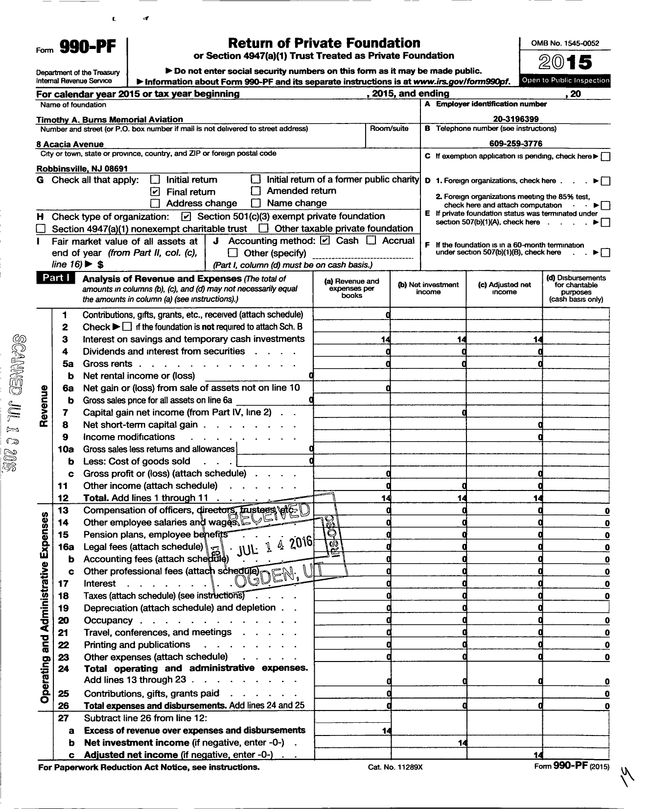 Image of first page of 2015 Form 990PF for Timothy A Burns Memorial Aviation Scholarship Fund