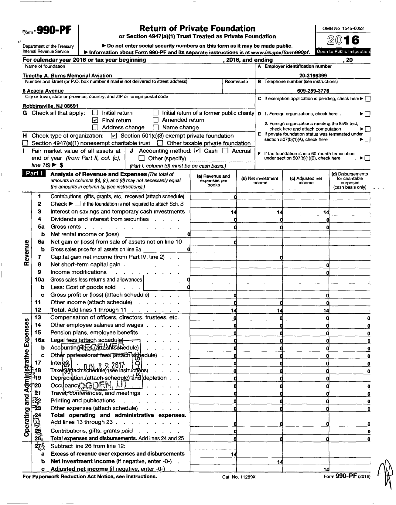 Image of first page of 2016 Form 990PF for Timothy A Burns Memorial Aviation Scholarship Fund