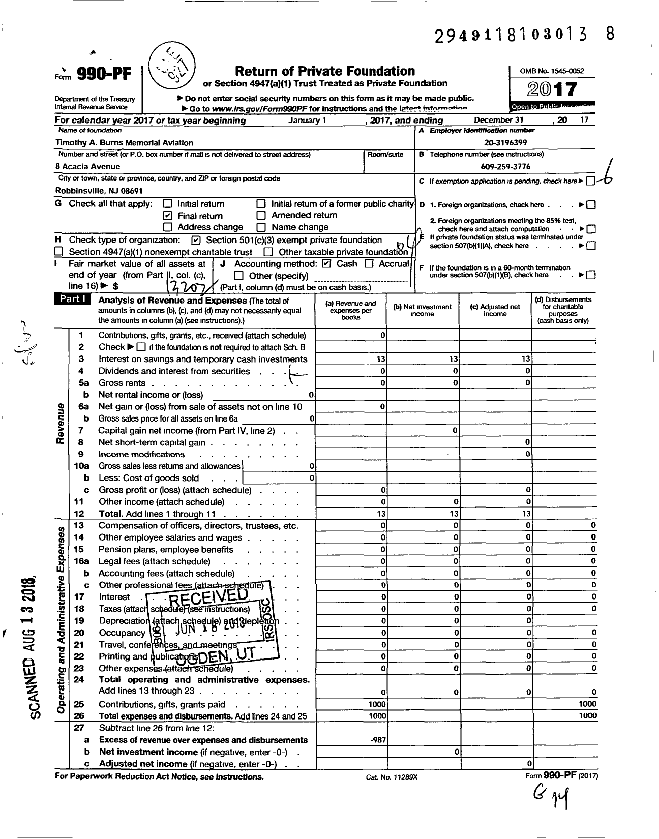 Image of first page of 2017 Form 990PF for Timothy A Burns Memorial Aviation Scholarship Fund