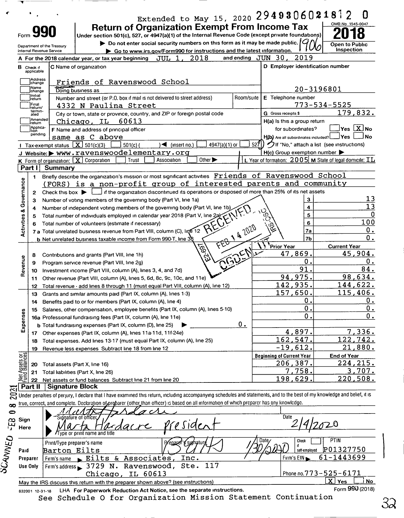 Image of first page of 2018 Form 990 for Friends of Ravenswood School