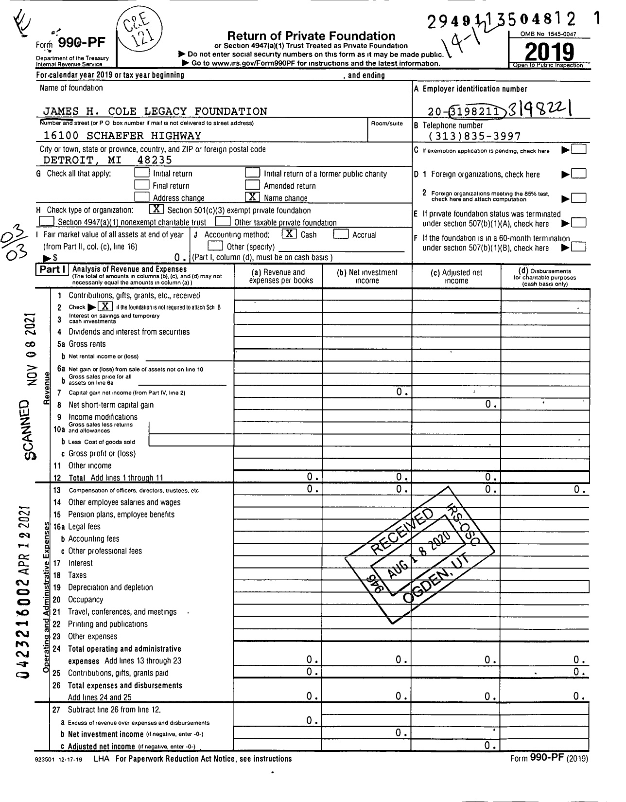 Image of first page of 2019 Form 990PF for James H Cole Legacy Foundation