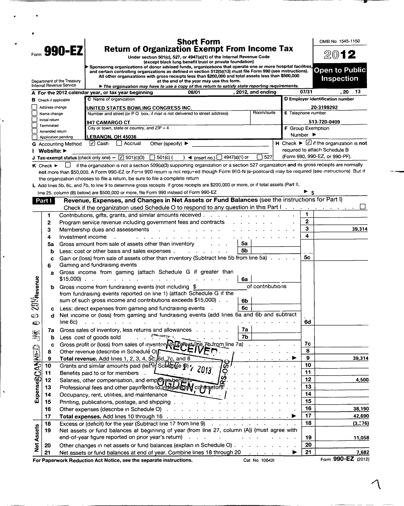 Image of first page of 2012 Form 990EZ for United States Bowling Congress - 80758 Miami Valley Usbc