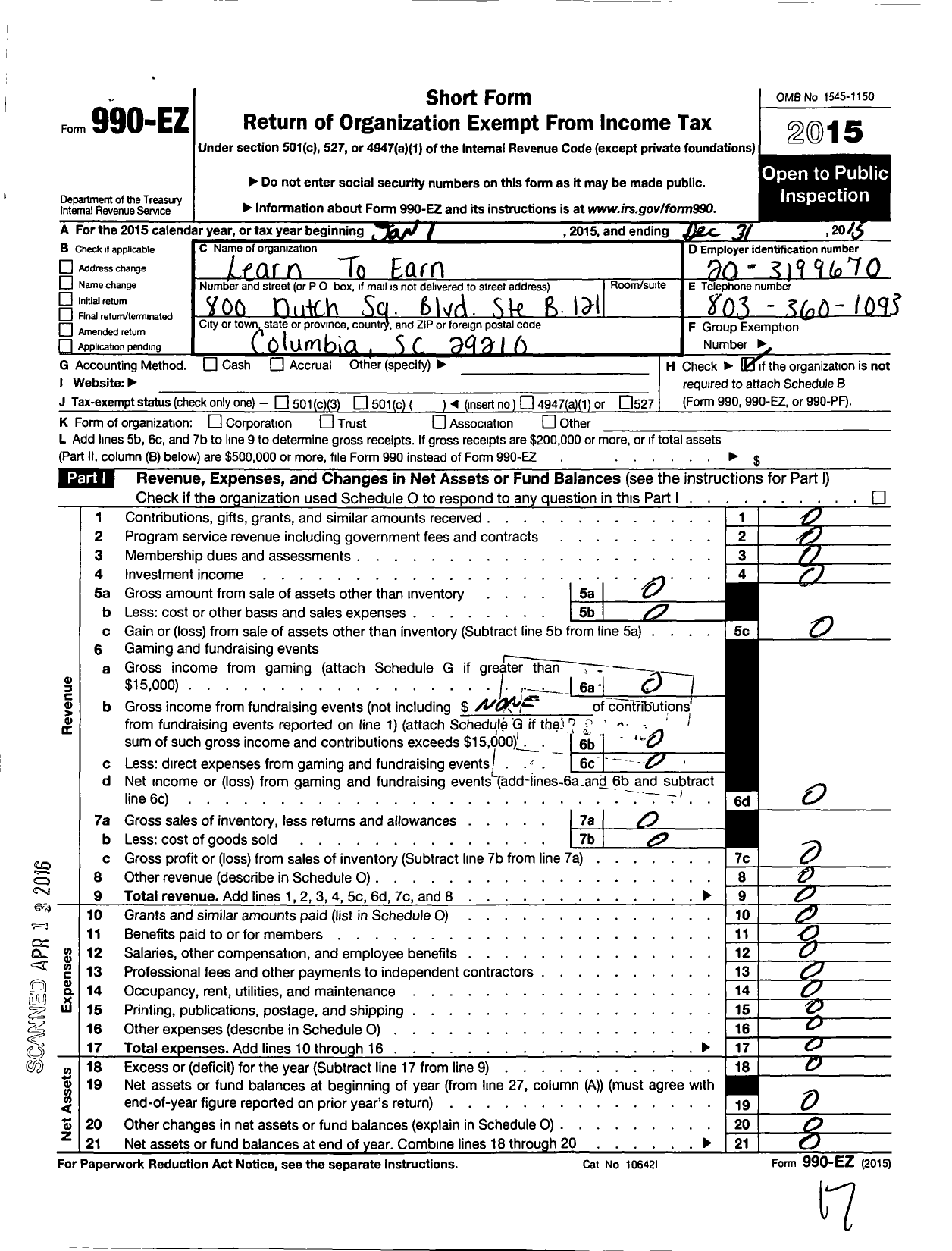 Image of first page of 2015 Form 990EO for Learn To Earn / Dana A Risi