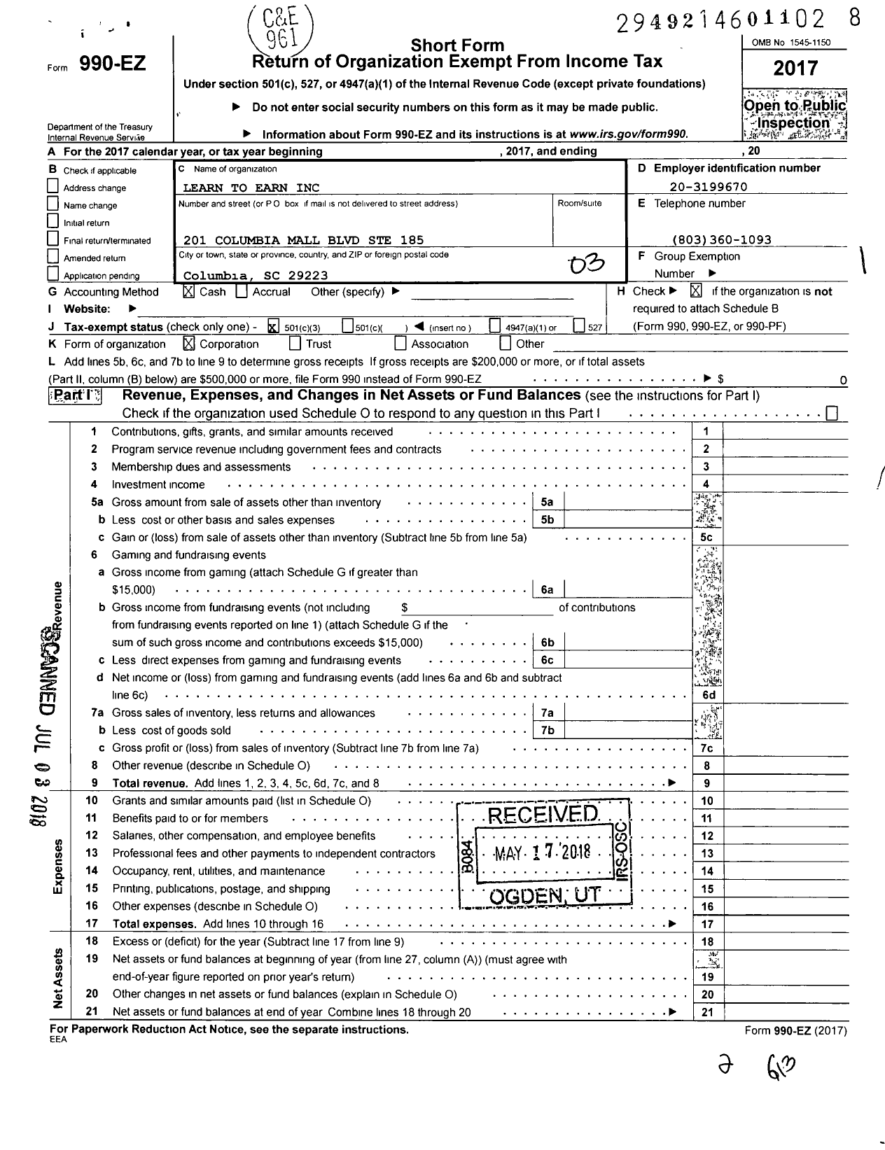 Image of first page of 2017 Form 990EZ for Learn To Earn / Dana A Risi