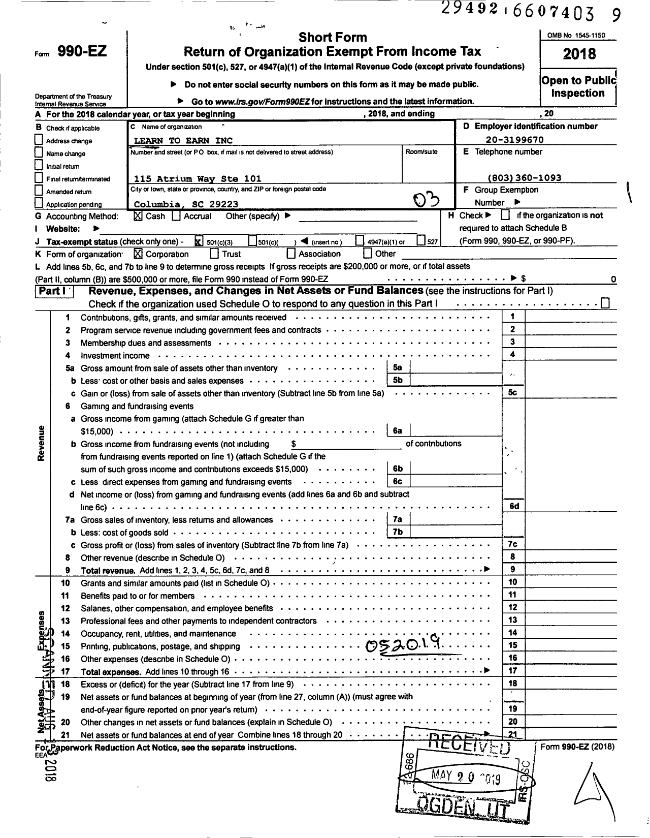 Image of first page of 2018 Form 990EZ for Learn To Earn / Dana A Risi