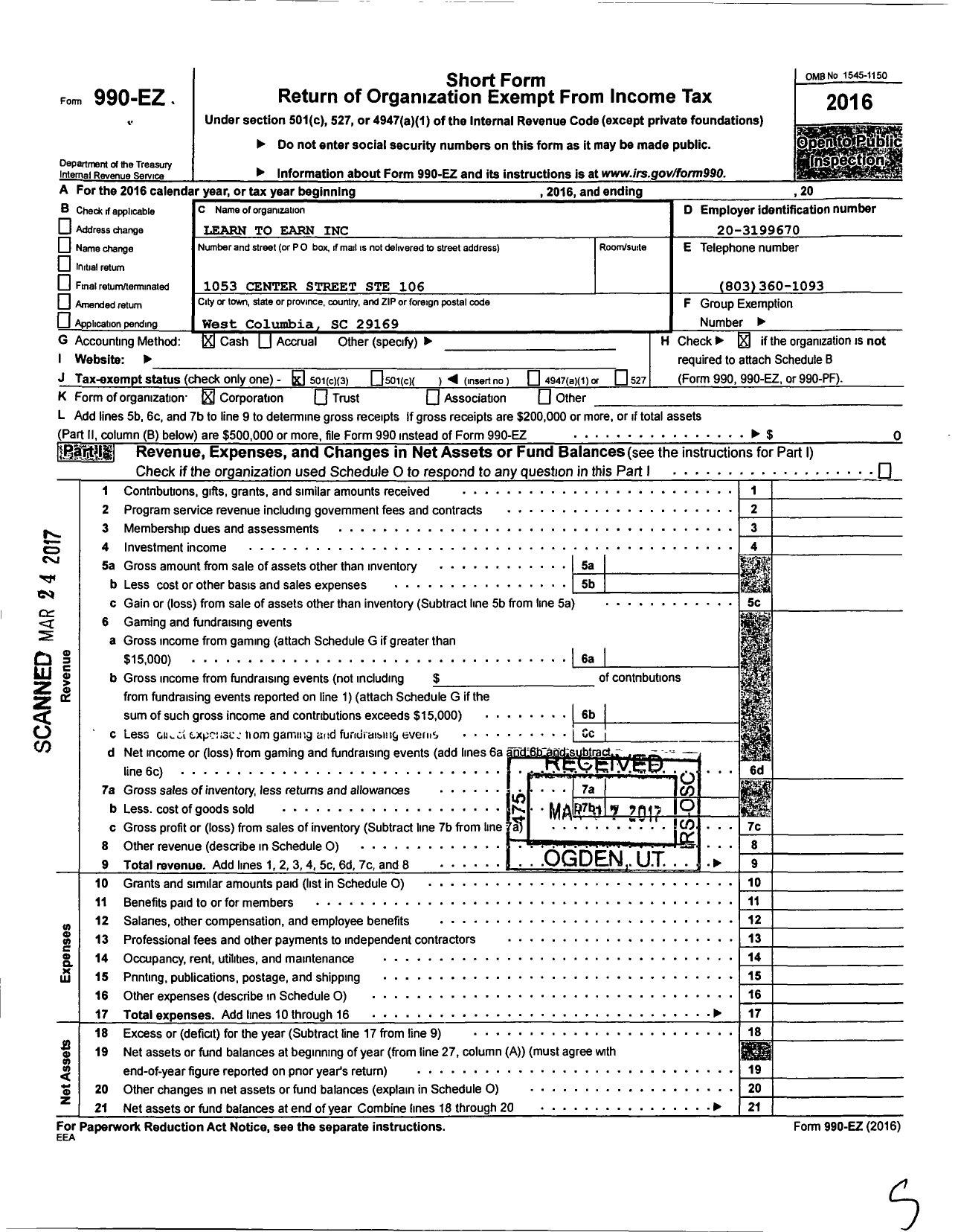 Image of first page of 2016 Form 990EZ for Learn To Earn / Dana A Risi