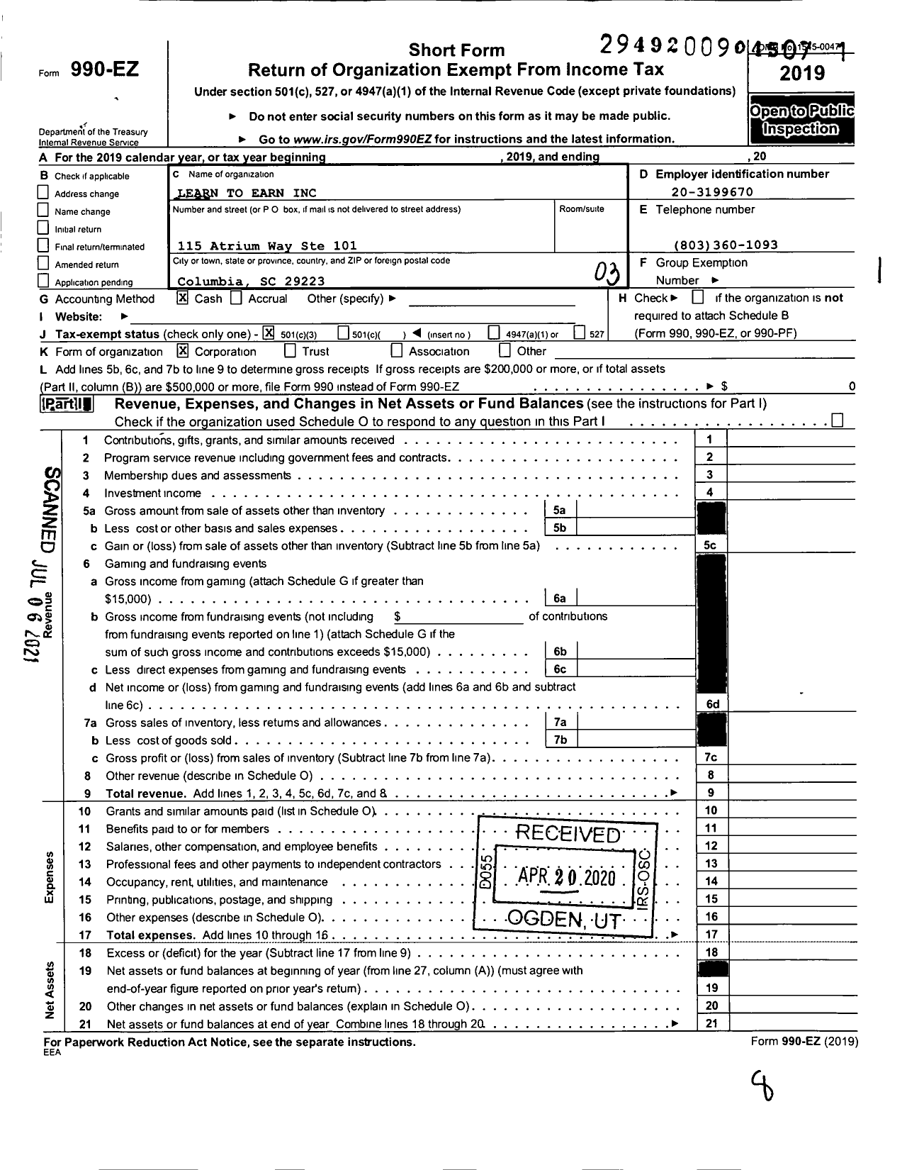 Image of first page of 2019 Form 990EZ for Learn To Earn / Dana A Risi