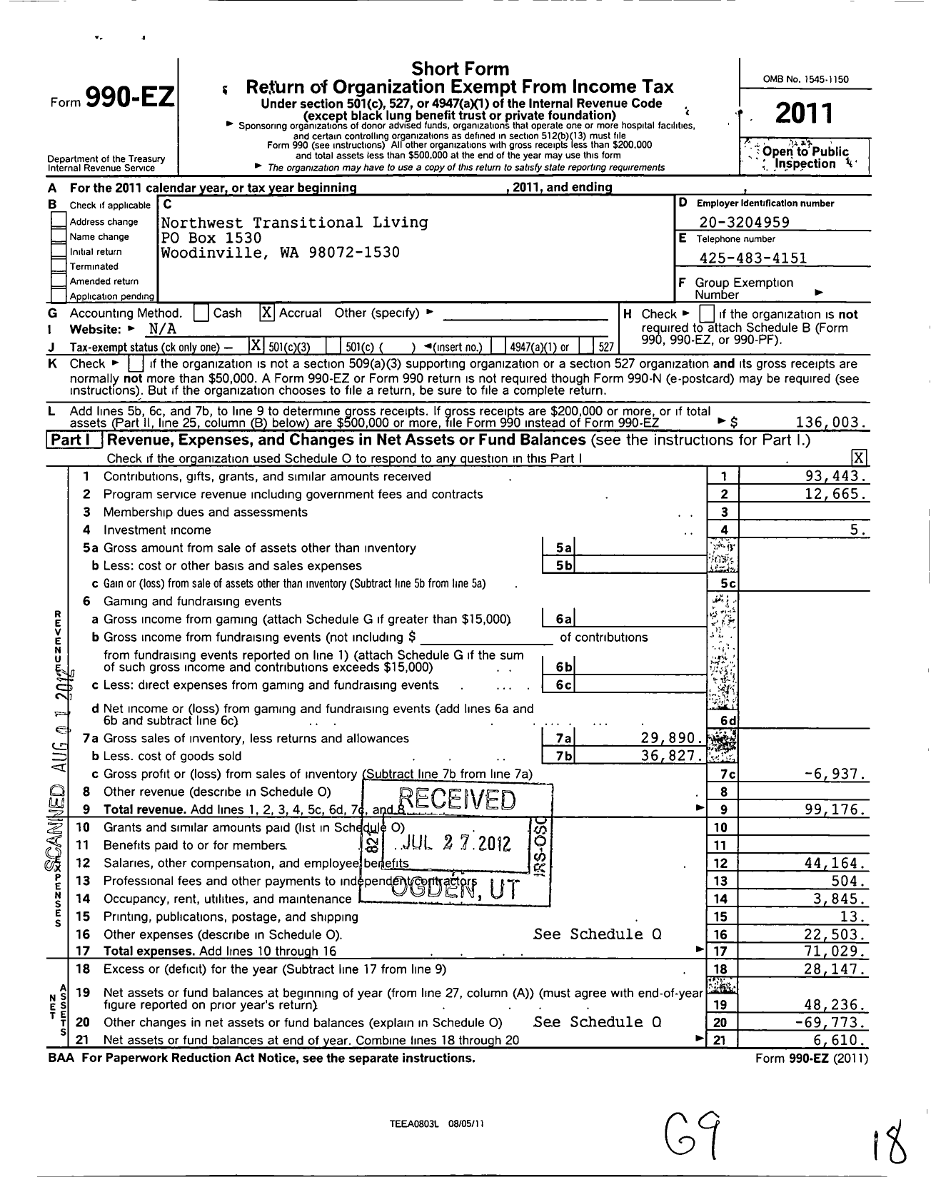 Image of first page of 2011 Form 990EZ for Northwest Transitional Living