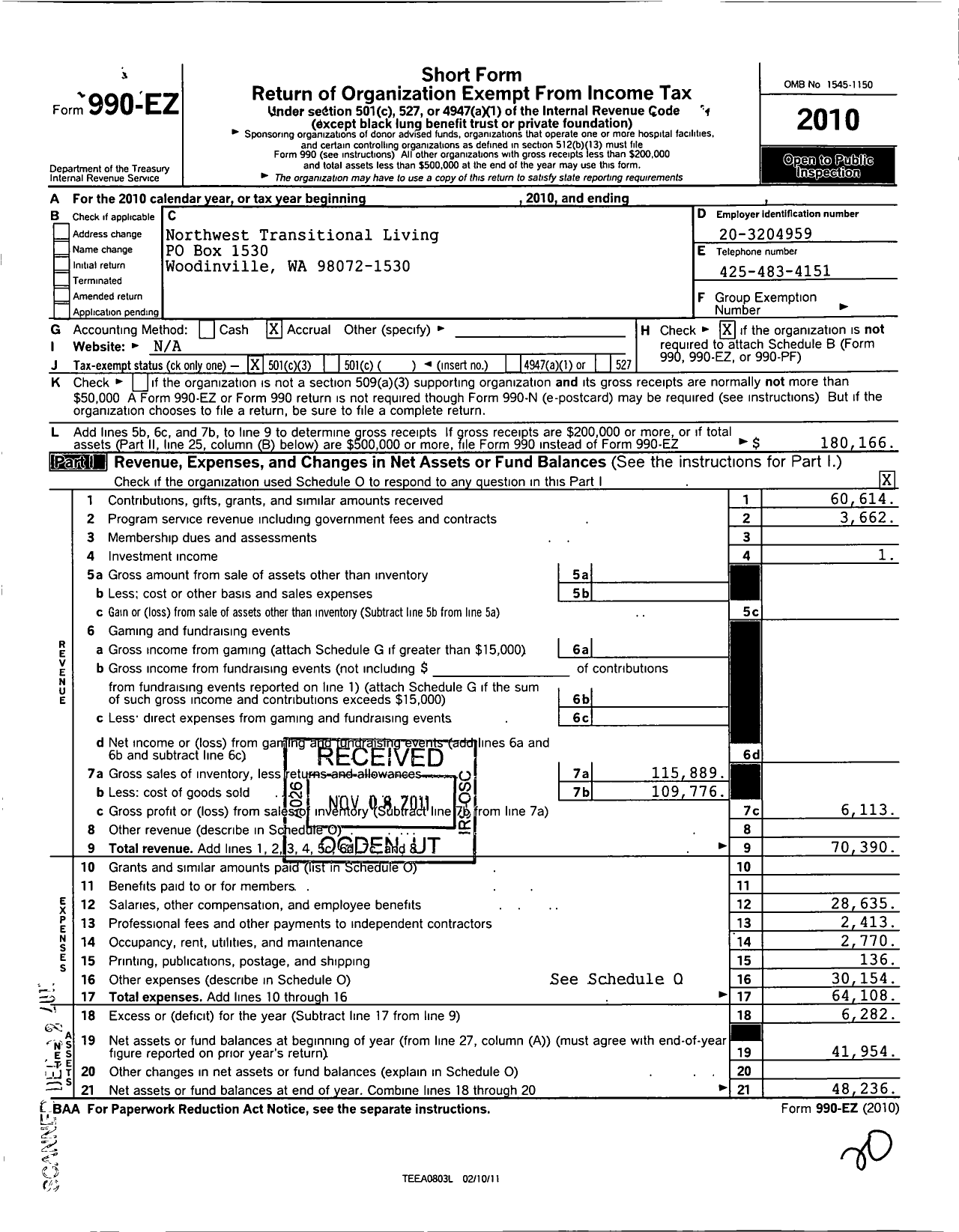 Image of first page of 2010 Form 990EZ for Northwest Transitional Living