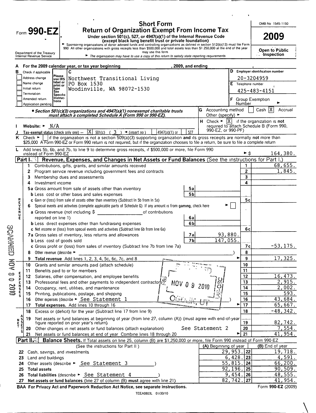 Image of first page of 2009 Form 990EZ for Northwest Transitional Living