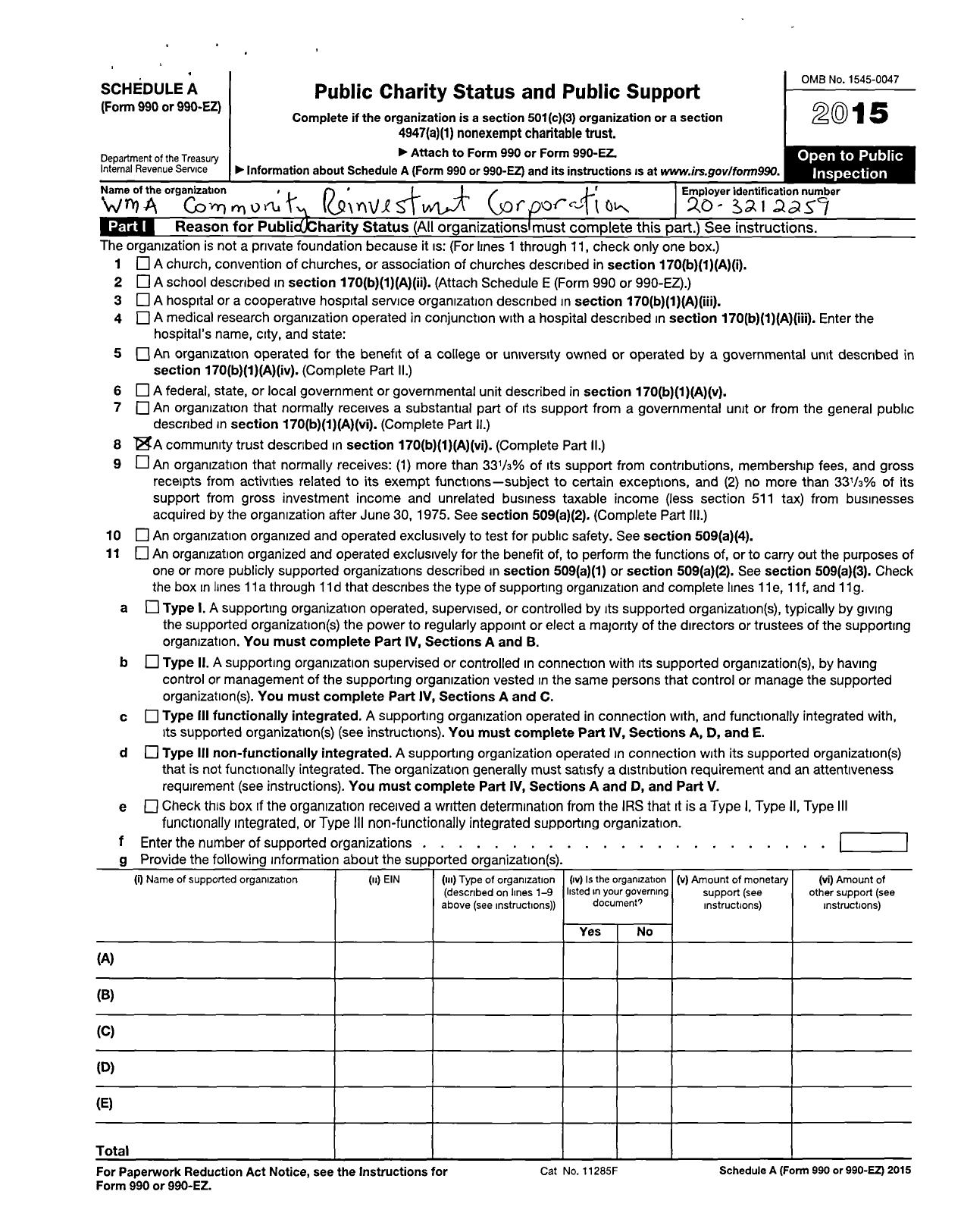 Image of first page of 2015 Form 990ER for Wma Community Reinvestment Corporation