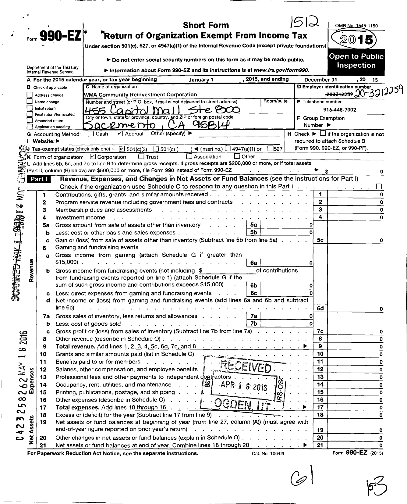 Image of first page of 2015 Form 990EZ for Wma Community Reinvestment Corporation