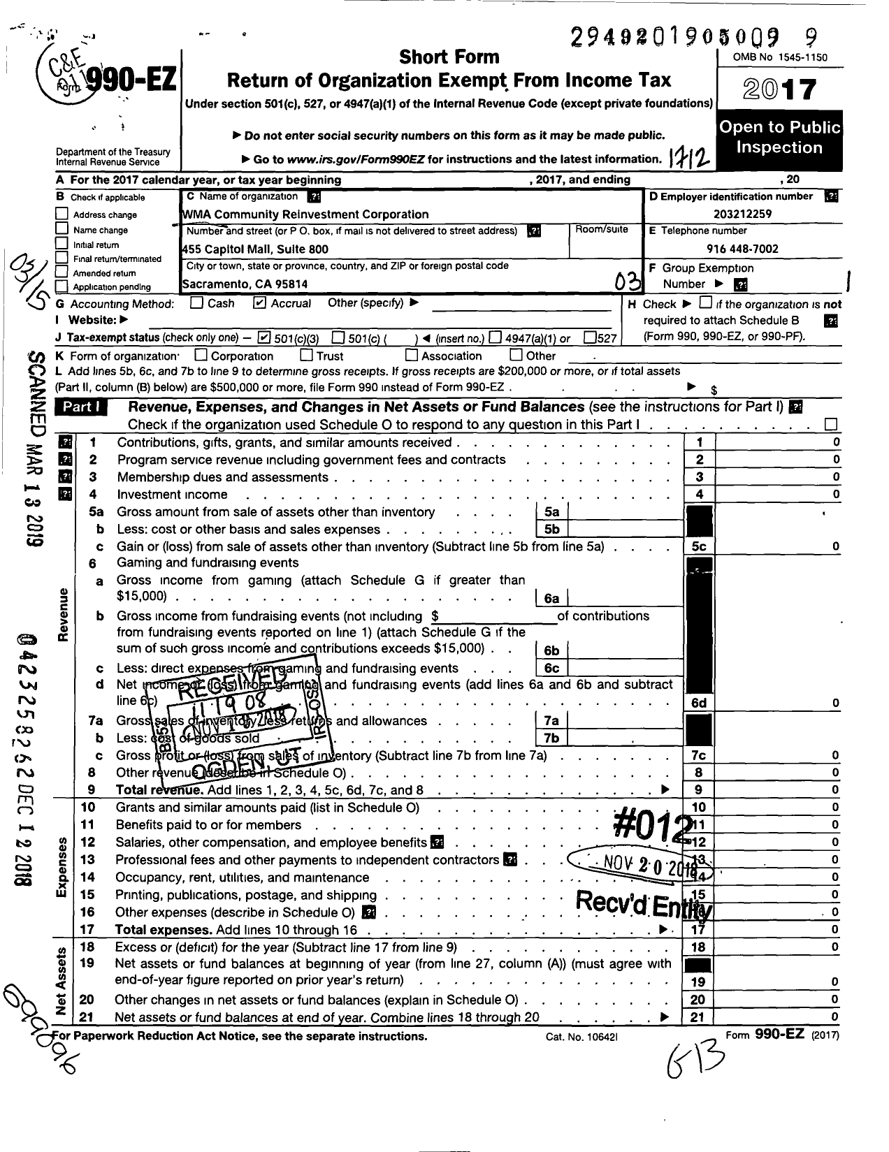 Image of first page of 2017 Form 990EZ for Wma Community Reinvestment Corporation