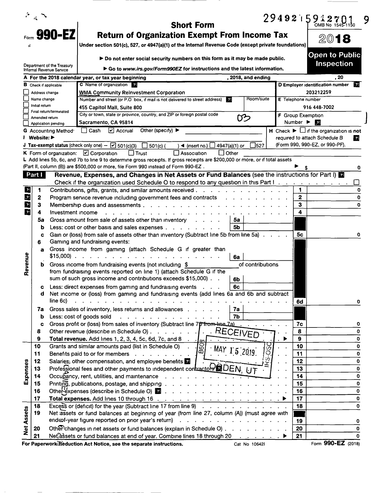 Image of first page of 2018 Form 990EZ for Wma Community Reinvestment Corporation