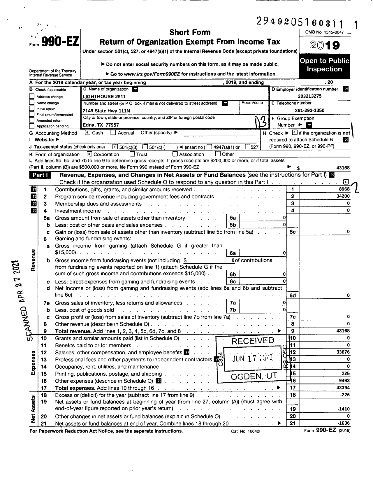 Image of first page of 2019 Form 990EZ for Lighthouse 2911