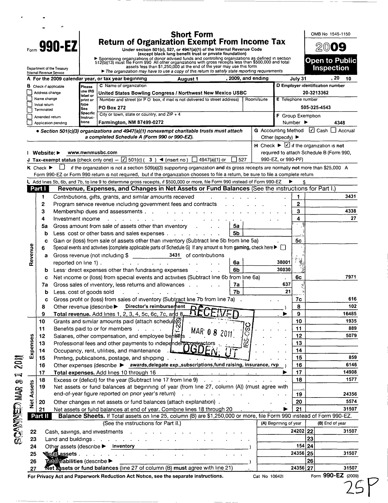 Image of first page of 2009 Form 990EZ for United States Bowling Congress - 81008 Northwest New Mexico Usbc