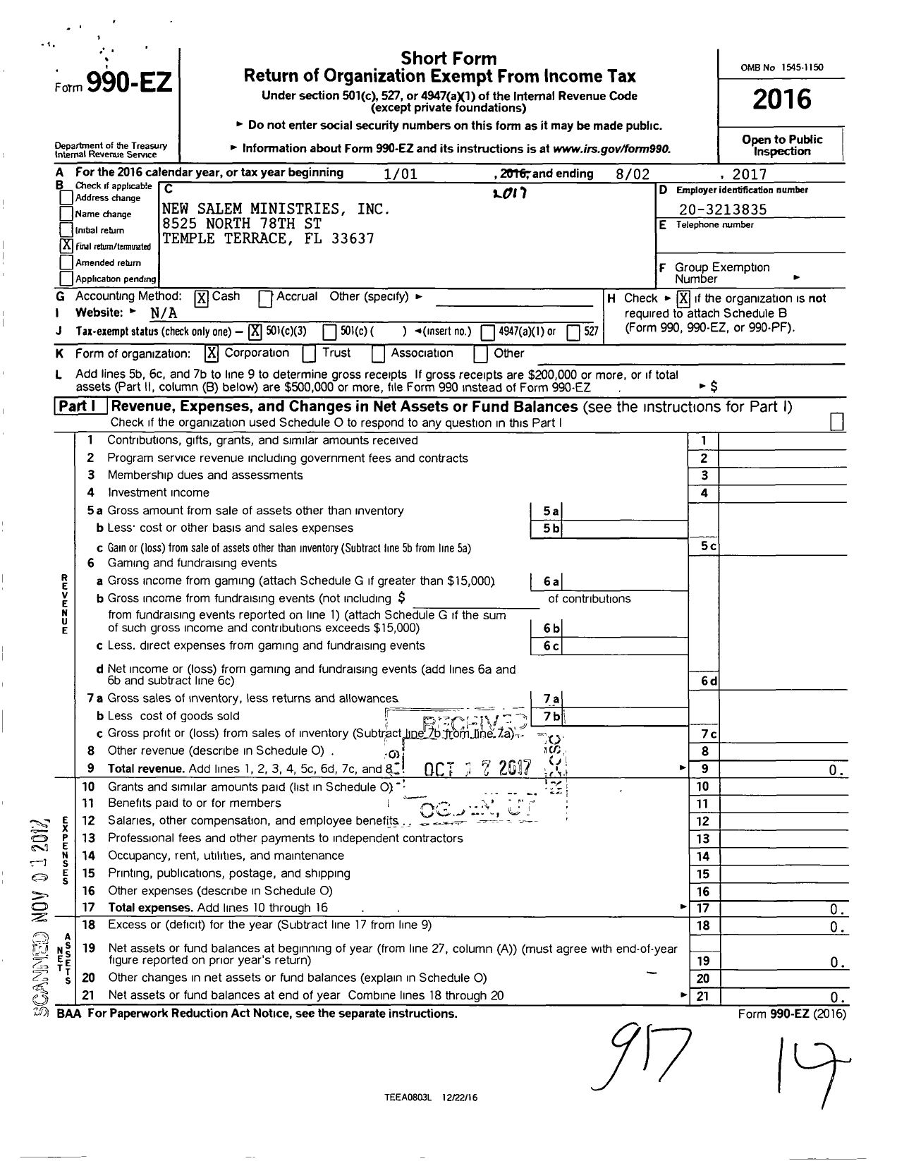 Image of first page of 2016 Form 990EZ for New Salem Ministries Incorporation