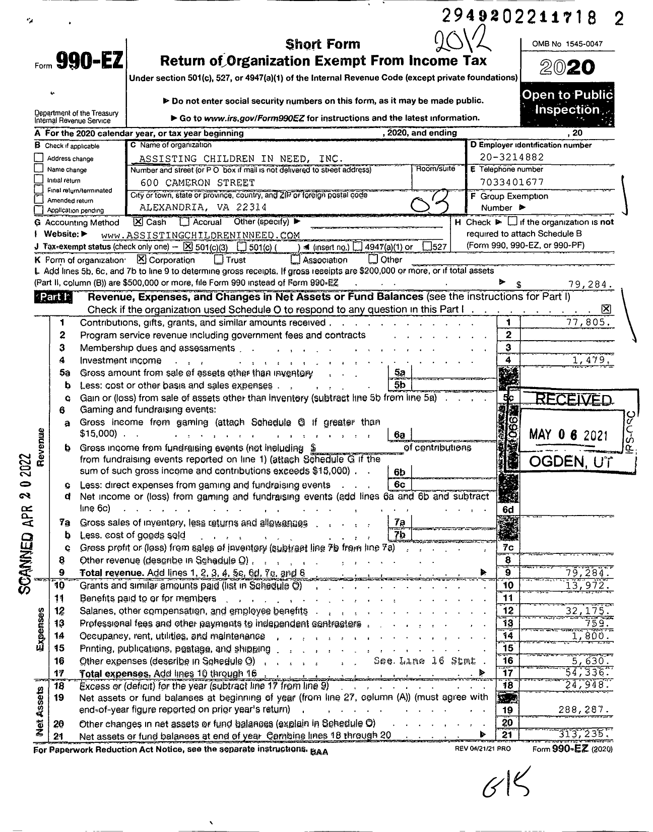 Image of first page of 2020 Form 990EZ for Assisting Children in Need