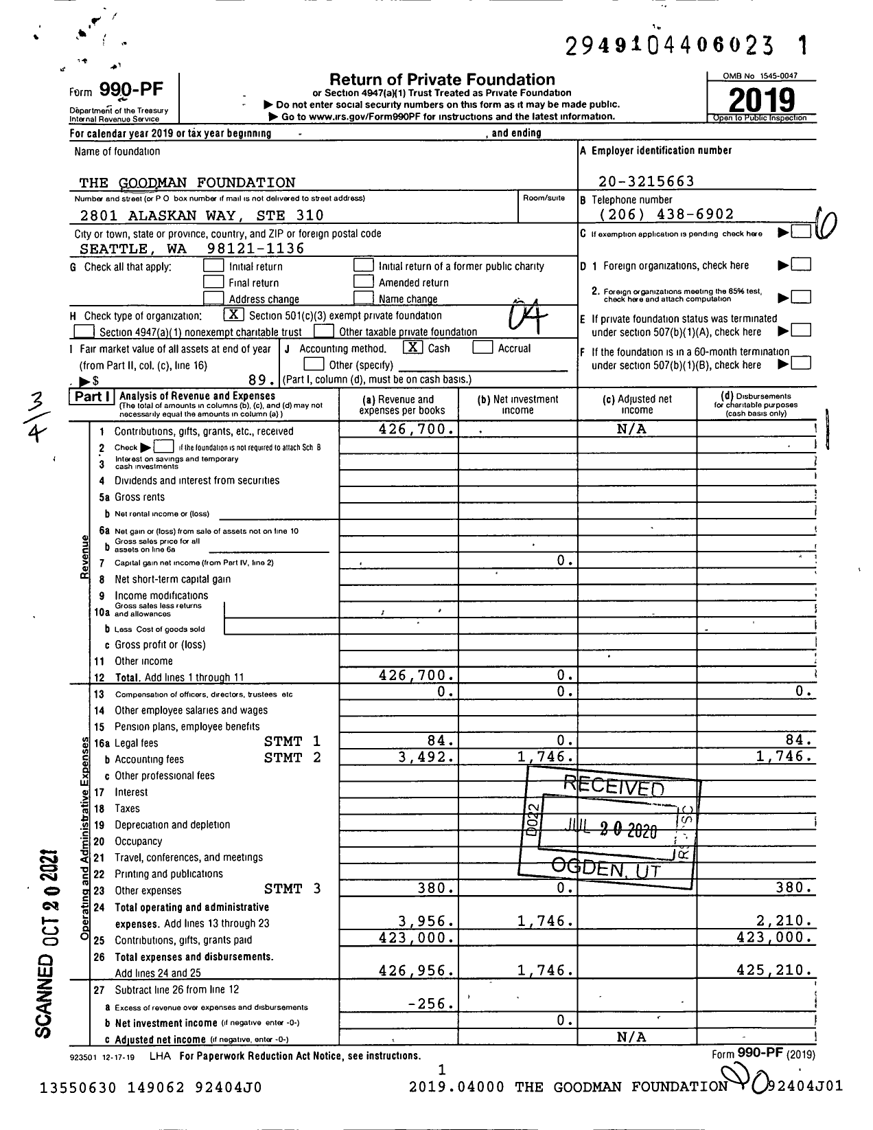 Image of first page of 2019 Form 990PF for The Goodman Foundation