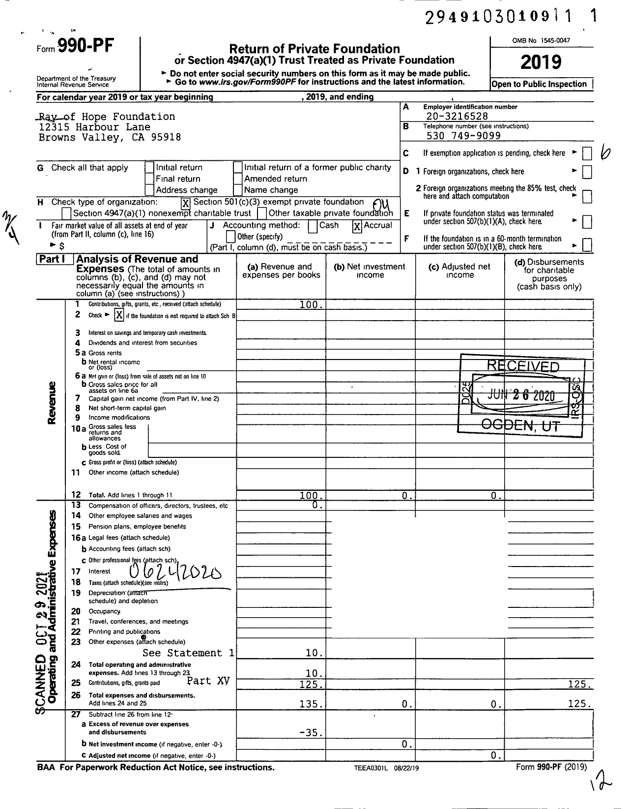 Image of first page of 2019 Form 990PF for Ray of Hope Foundation / Held Robert J Ttee