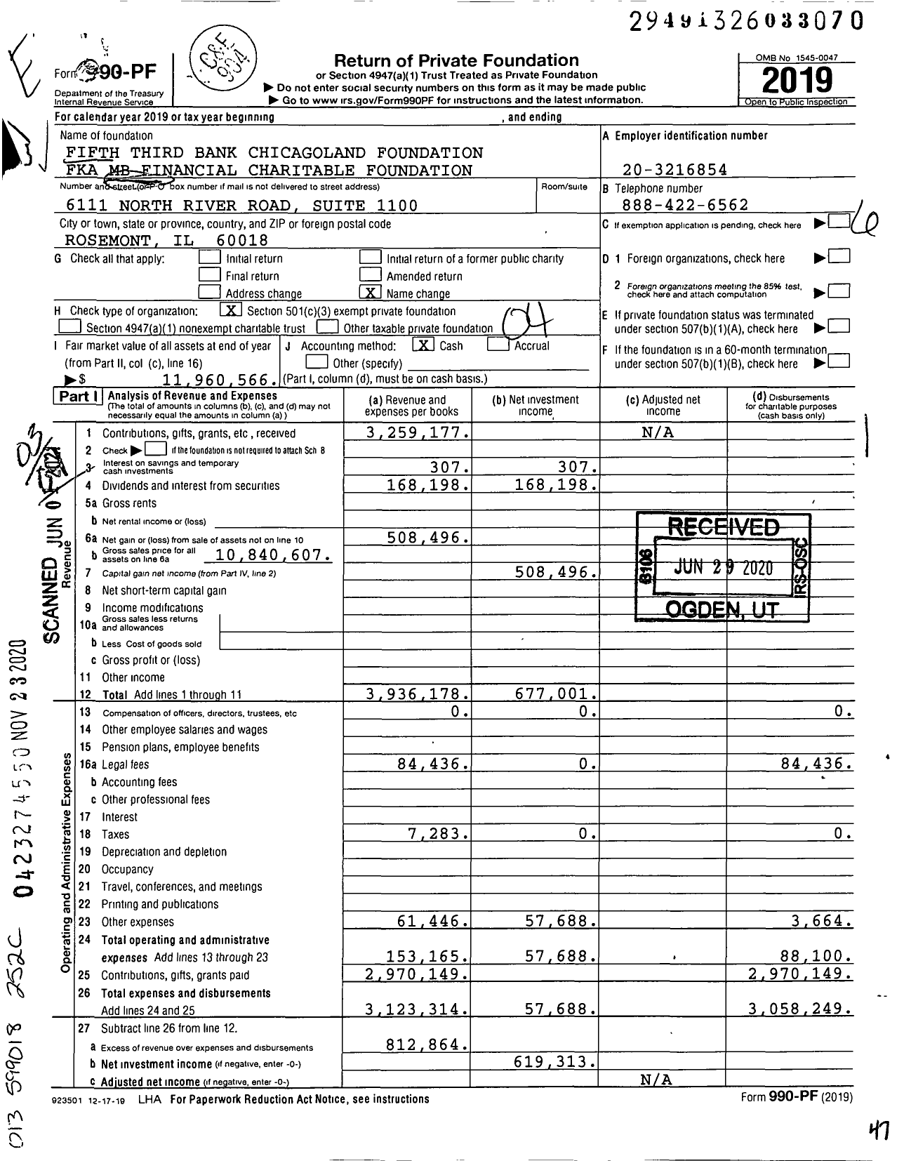 Image of first page of 2019 Form 990PF for Fifth Third Chicagoland Foundation