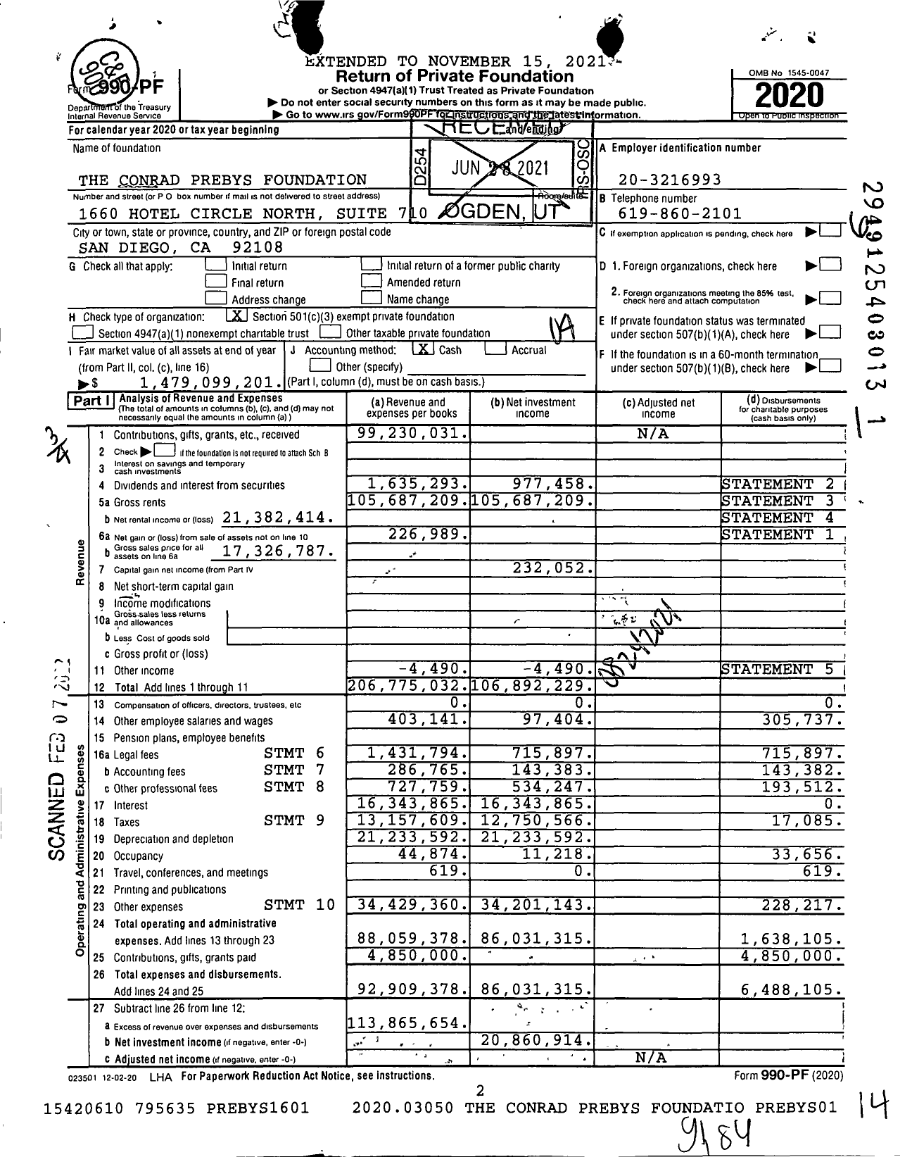 Image of first page of 2020 Form 990PF for The Conrad Prebys Foundation