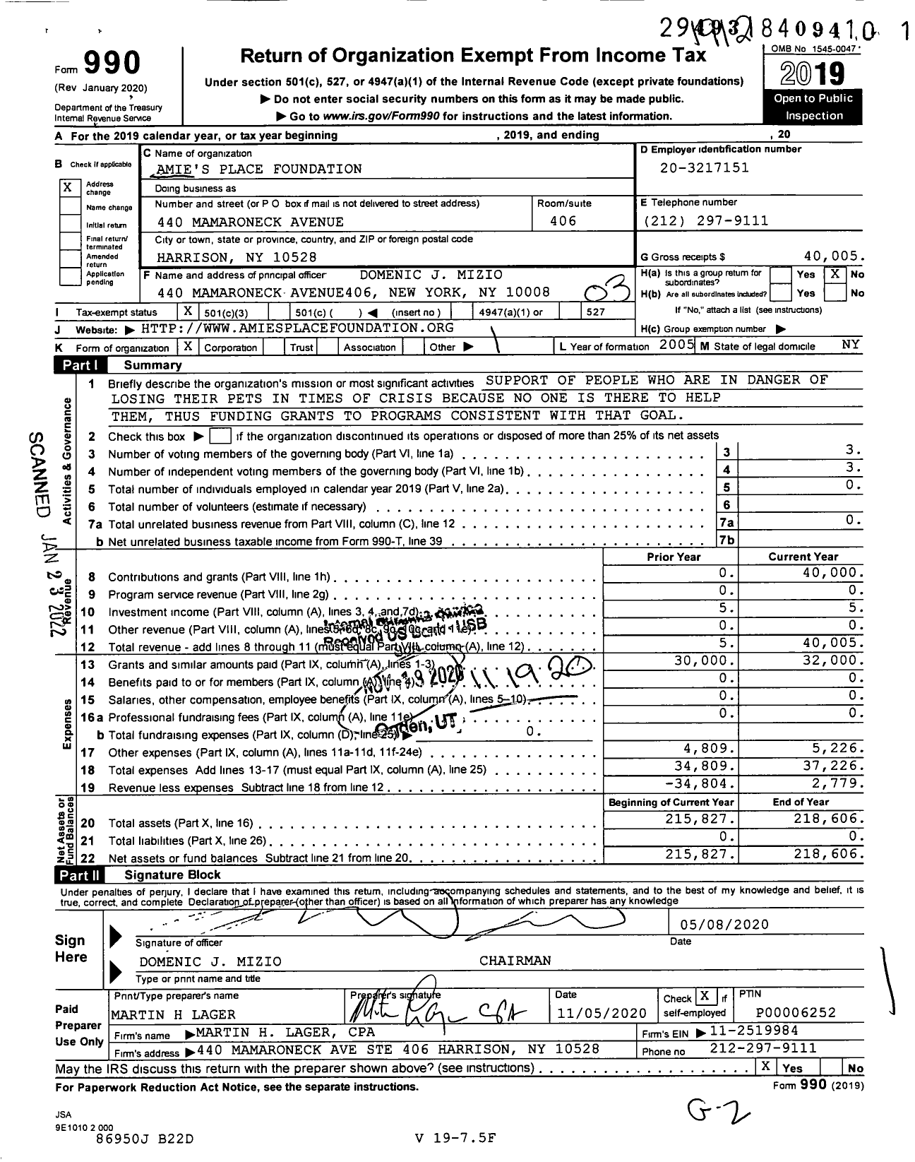 Image of first page of 2019 Form 990 for Amie's Place Foundation