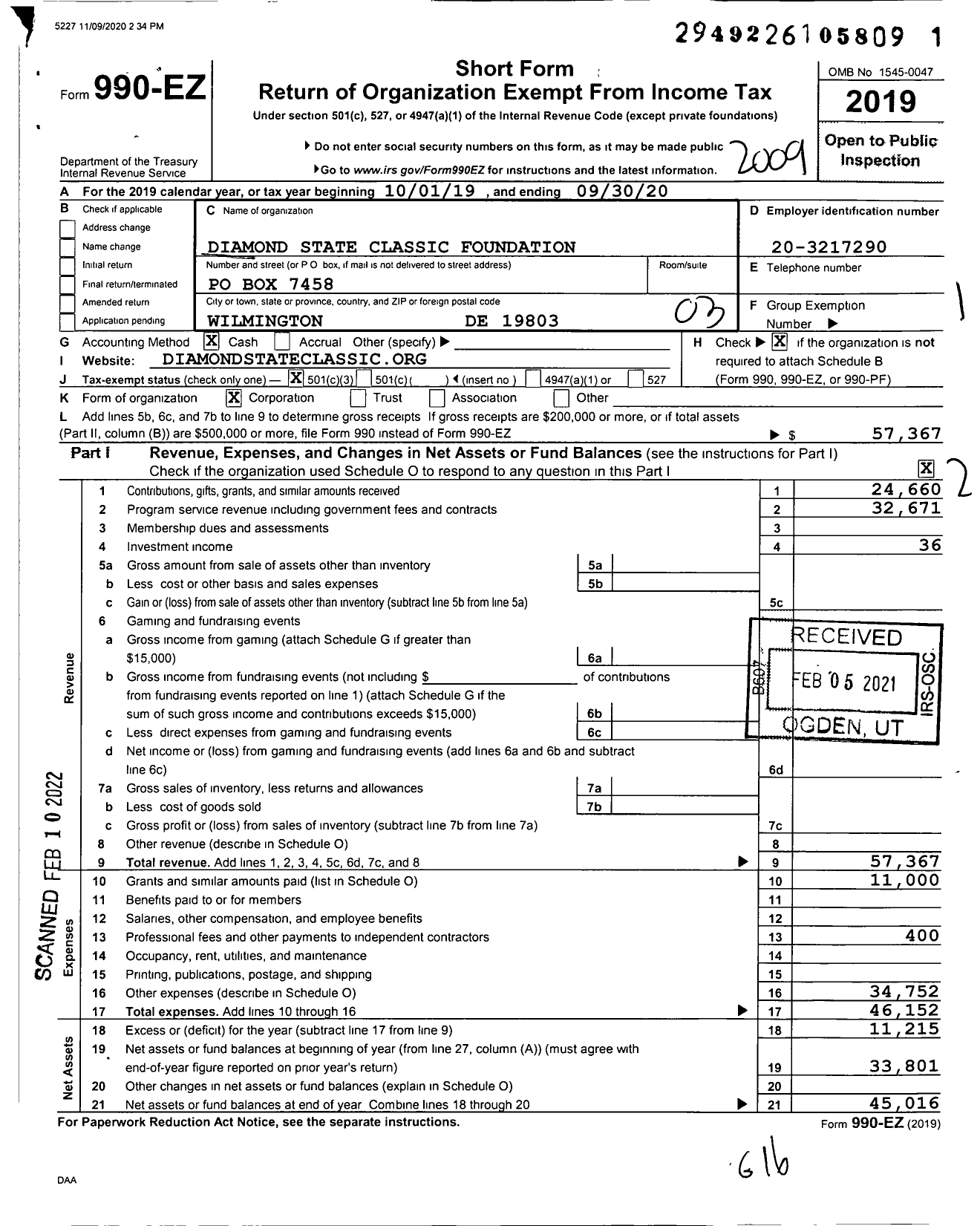 Image of first page of 2019 Form 990EZ for Diamond State Classic Foundation