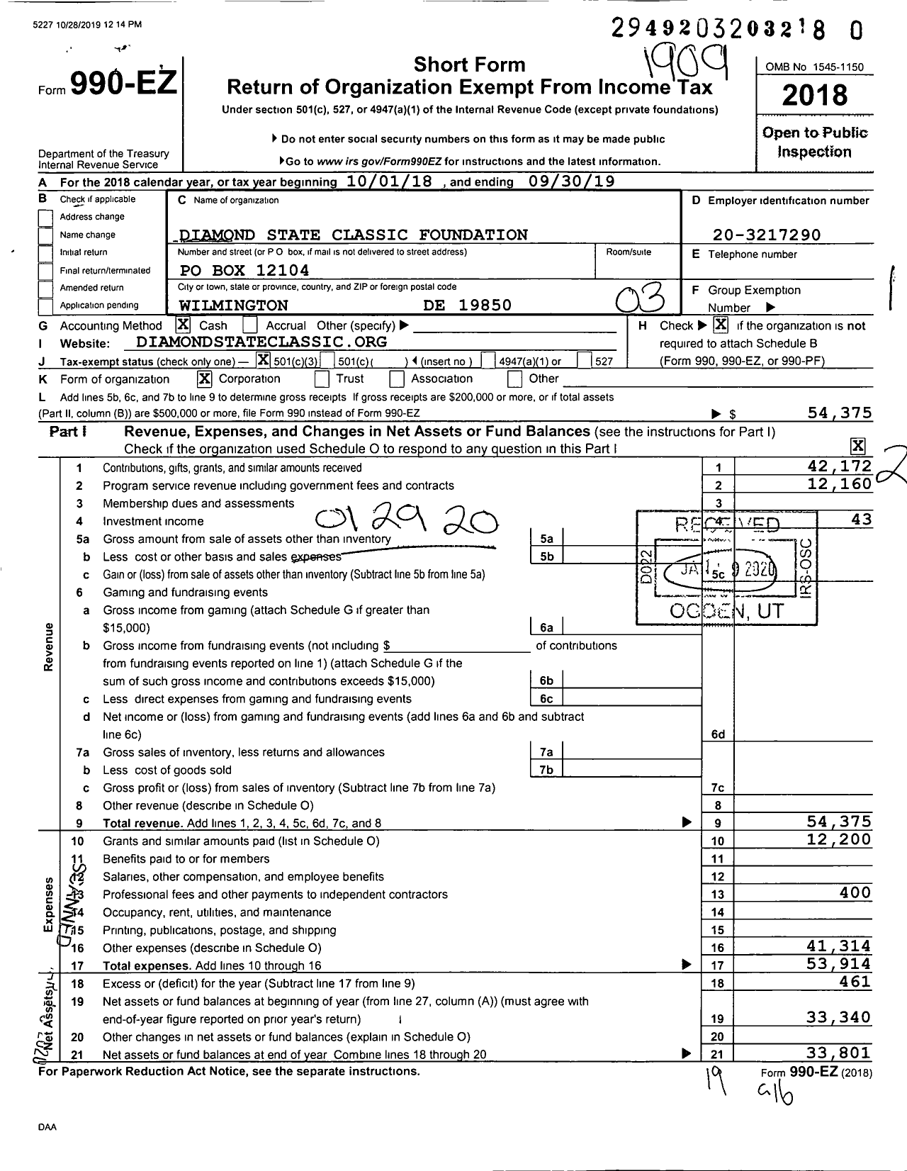 Image of first page of 2018 Form 990EZ for Diamond State Classic Foundation