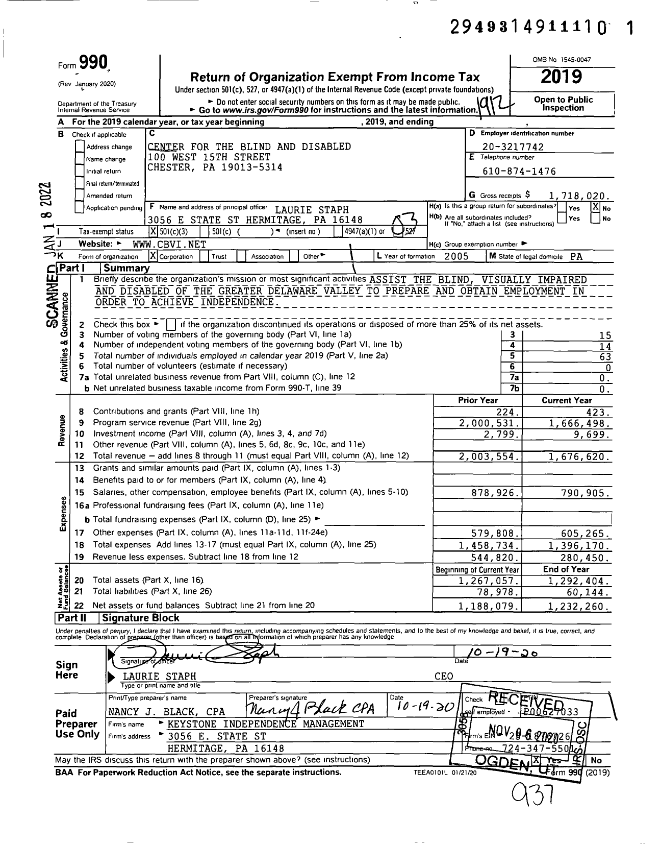 Image of first page of 2019 Form 990 for Center for the Blind and Disabled (CBVI)
